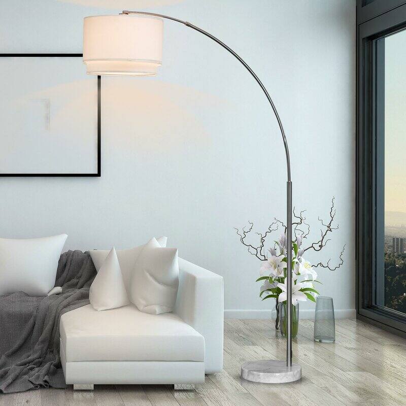 Alt View 8. FC Design - FC Design Modern 81" Tall Standing Adjustable Arched Floor Lamp with Double Drum Shade and Marble Base - White - White.