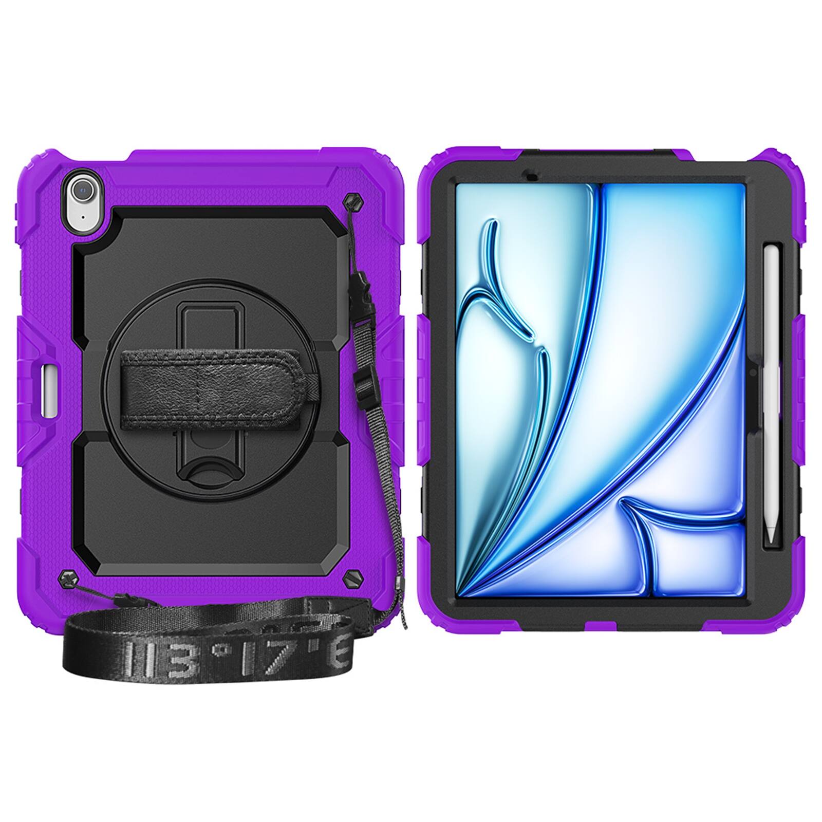 Angle. UUCOVER - Full Body Case for iPad Air 11-inch M4/M3/M2 Shockproof Built-in Screen Protector Stand with Hand/Shoulder Strap Cover - Black+Purple.