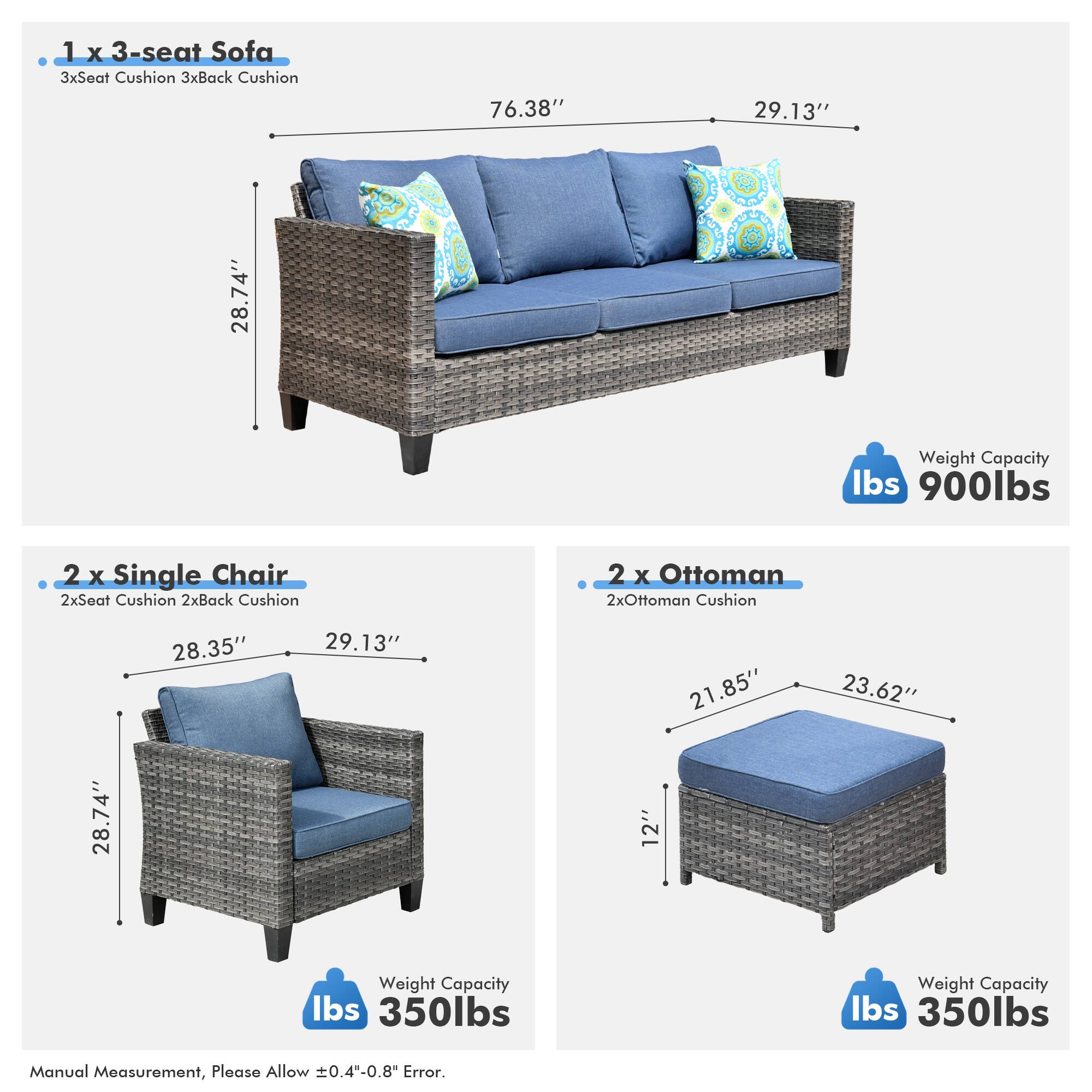 1 x 3-seat Sofa  
3xSeat Cushion 3xBack Cushion  
76.38" 29.13" 28.74"  
Weight Capacity lbs 900lbs  

2 x Single Chair  
2xSeat Cushion 2xBack Cushion  
28.35" 29.13" 28.74"  
Weight Capacity lbs 350lbs  

2 x Ottoman  
2xOttoman Cushion  
21.85" 23.62" 12"  
Weight Capacity lbs 350lbs  

Manual Measurement, Please Allow ±0.4"-0.8" Error.