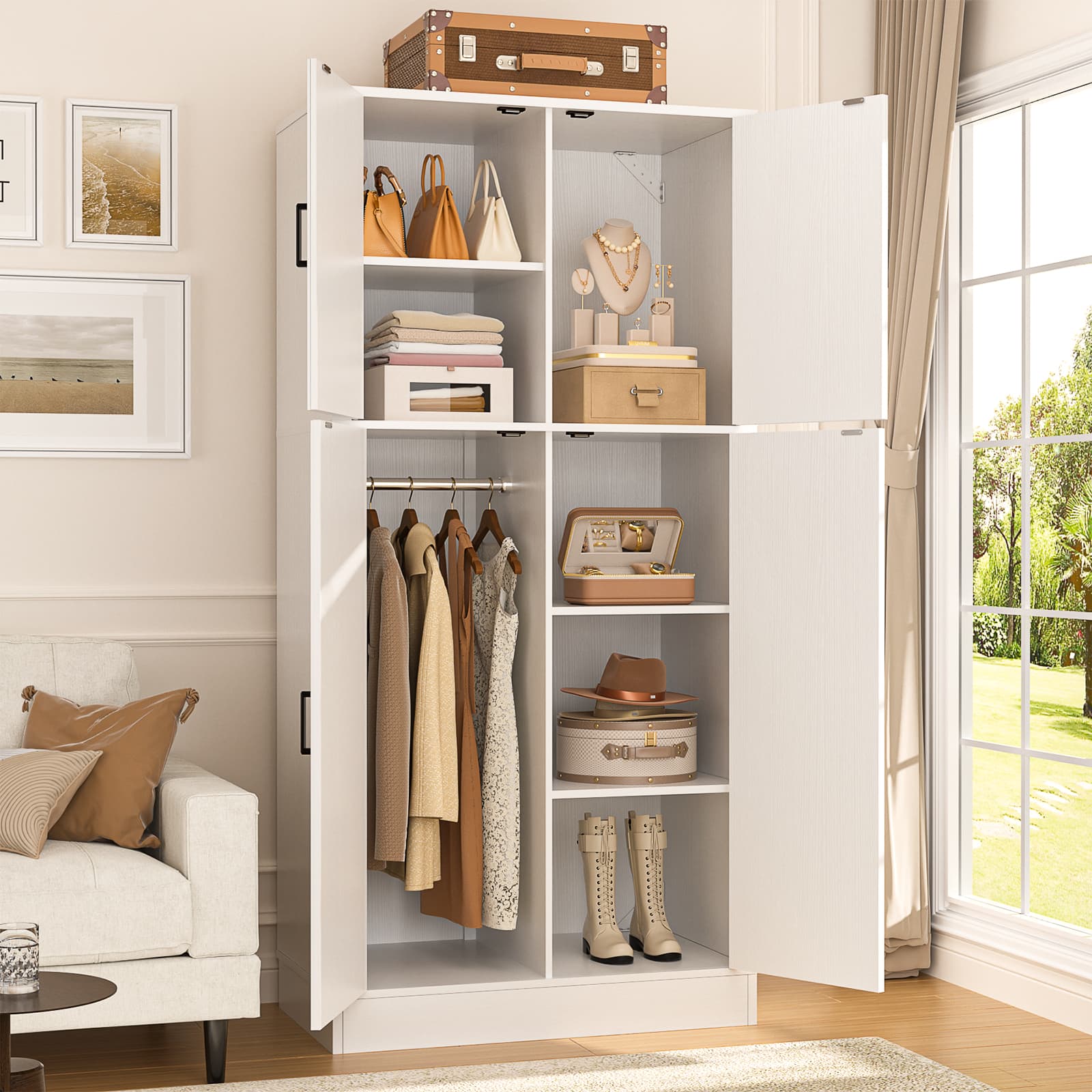 Aheaplus - 71'' Farmhouse Wardrobe Armoire with Hanging Rod and Adjustable Shelves, Wood Finish - White