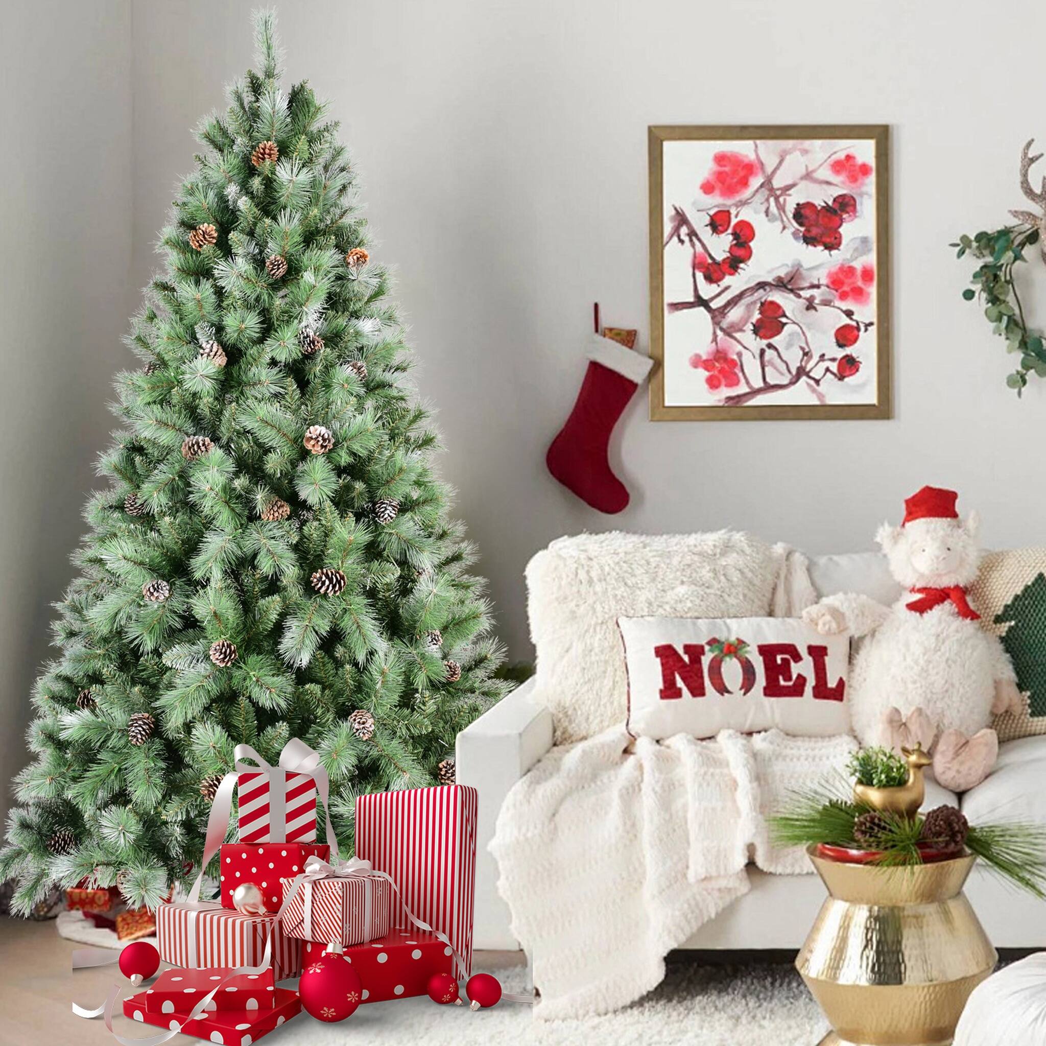 Left. Forest'nSky - 7 ft. Mixed PVC & Hard Needle Christmas Tree with 82 Pine Cones, 1348 Tips, Hinged Branches, Metal Stand - Green.