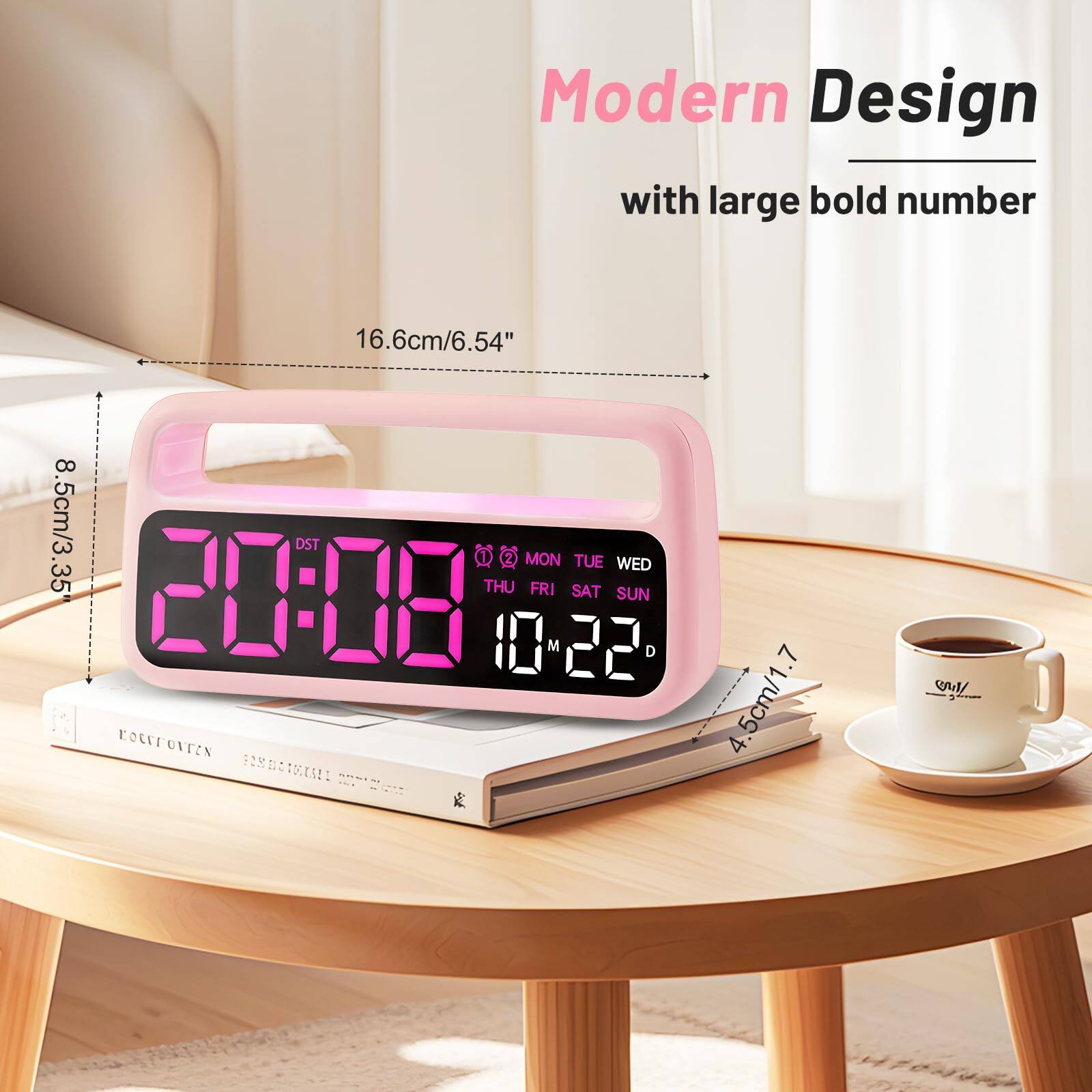 Modern Design with large bold number

16.6cm/6.54"  
8.5cm/3.35"  
4.5cm/1.7"  

20:08  
DST  
THU  
MON FRI SAT TUE SUN  
10-22  
1 M D  
KOCEFONTEN  
E  
DIE IEM A