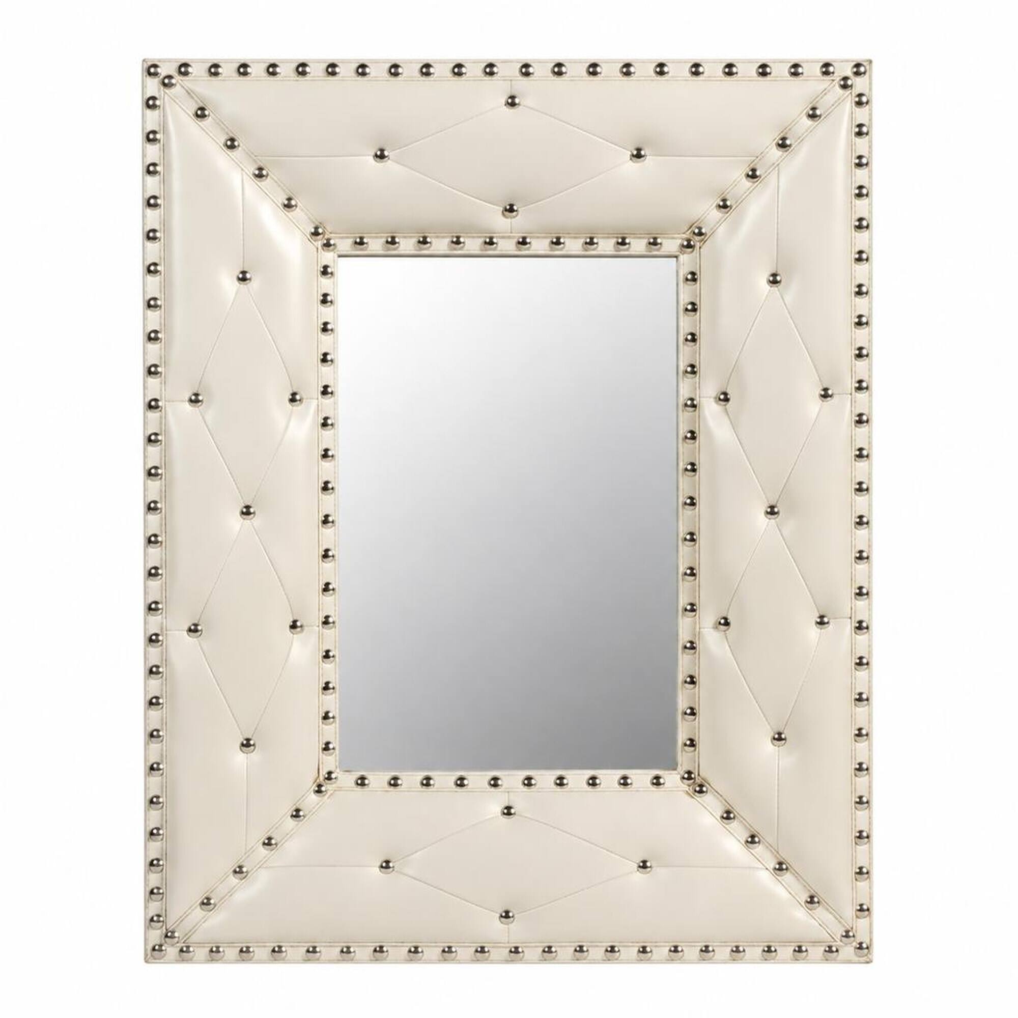Front. RYHNUYNE - Rectangle Decorative Wall Mirror, 21x26 in, PU MDF Frame, Rivet Detail, Vanity and Entryway Decor - White.