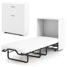 Costway - Murphy Bed Cabinet with Mattress & Lockable Wheels, Folding Bed for Small Space - White & Black