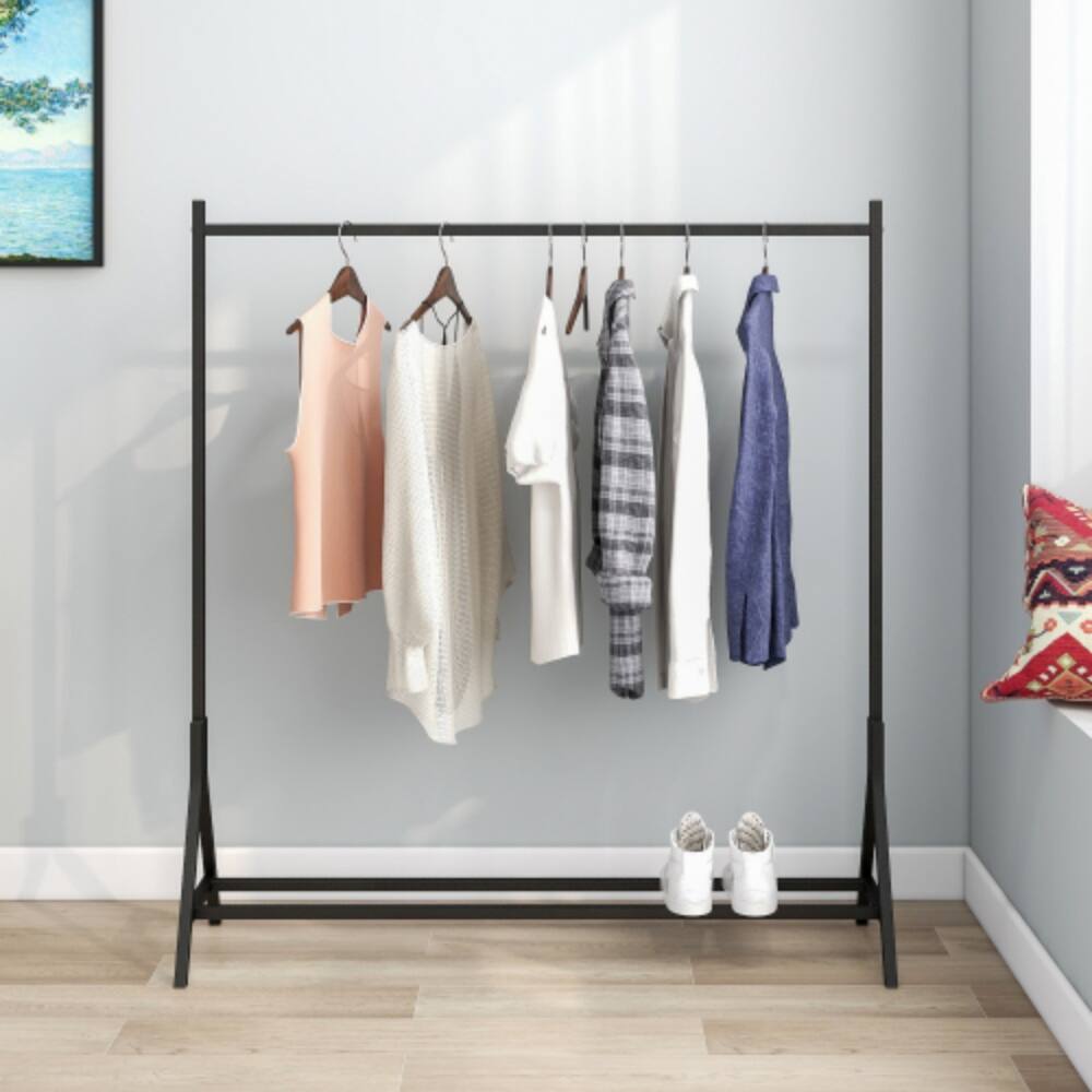 Front. LUCKY ONE - Freestanding Single Pole Garment Rack w/ Shoe Shelf Black Industrial - Black.