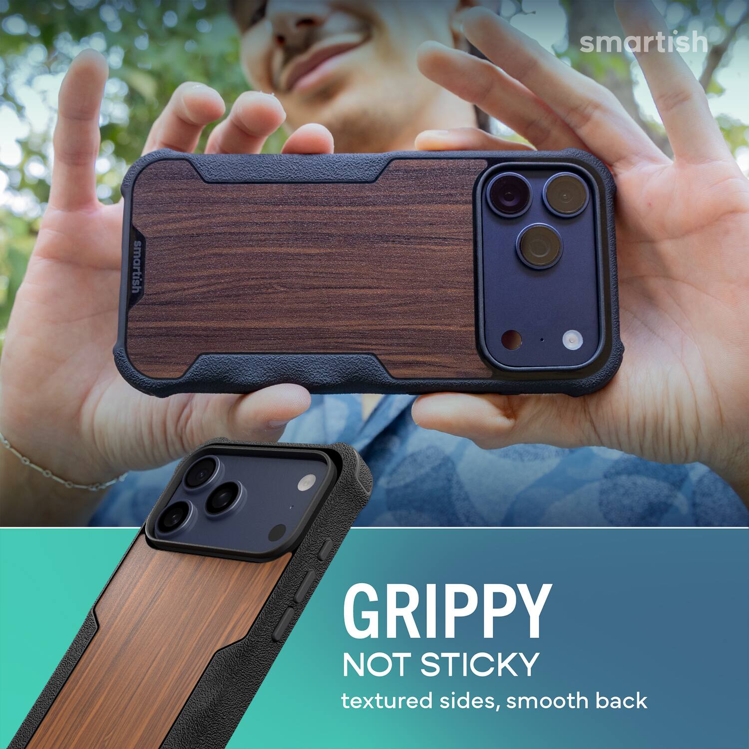 smartish  
GRIPPY NOT STICKY  
textured sides, smooth back