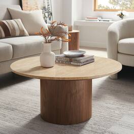 Kioni Round Travertine Coffee Table by Modway - Walnut