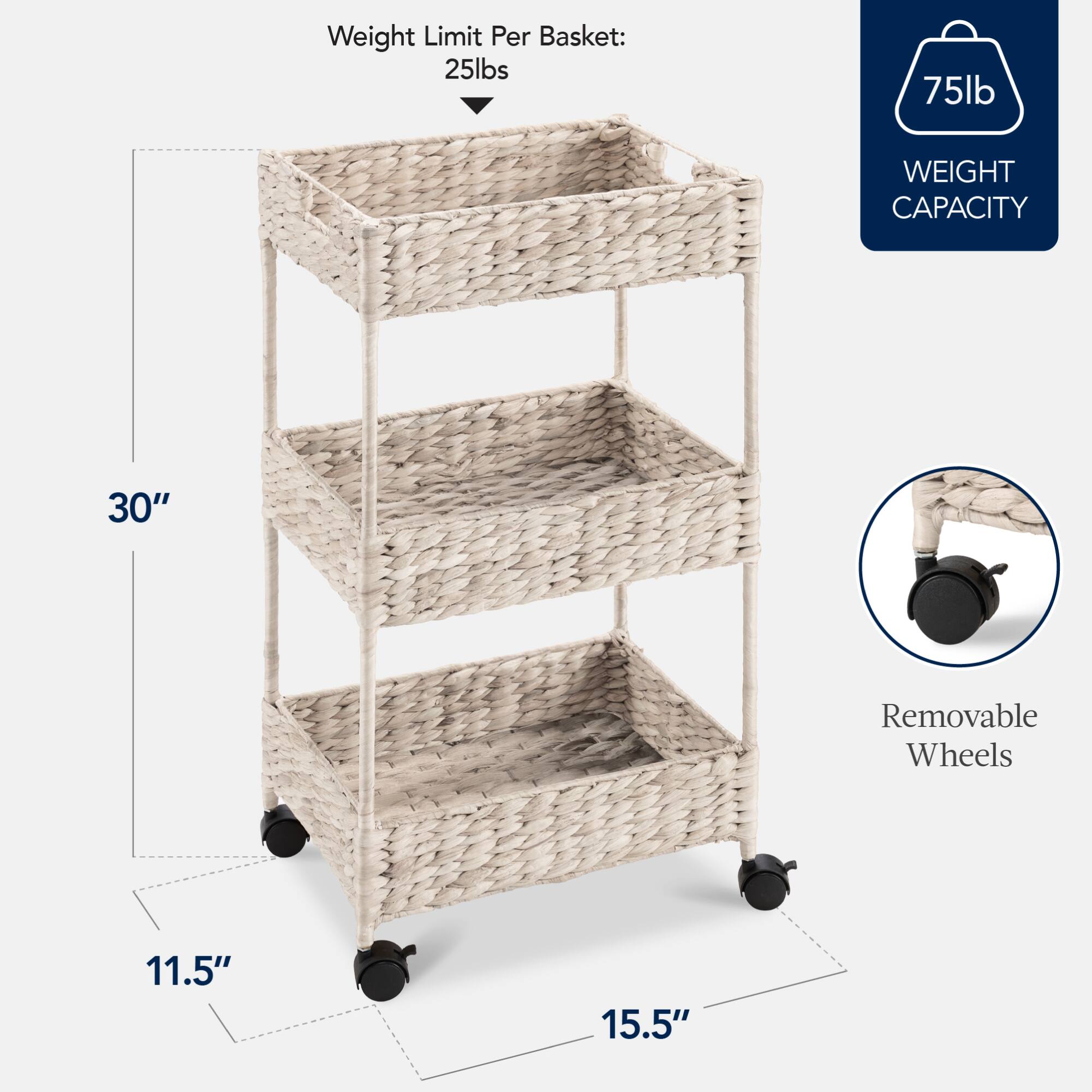 Weight Limit Per Basket: 25lbs  
75lb WEIGHT CAPACITY  
30"  
Removable Wheels  
11.5" x 15.5"