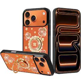 Kitcheniva - Luxury Rhinestone Glitter Bling Case With Tempered Glass For iPhone 17 Pro Max Good Luck Floral - Cosmic Orange