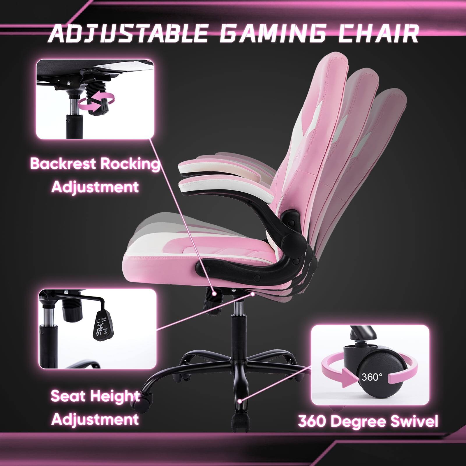 ADJUSTABLE GAMING CHAIR

- Backrest Rocking Adjustment
- Seat Height Adjustment
- 360 Degree Swivel