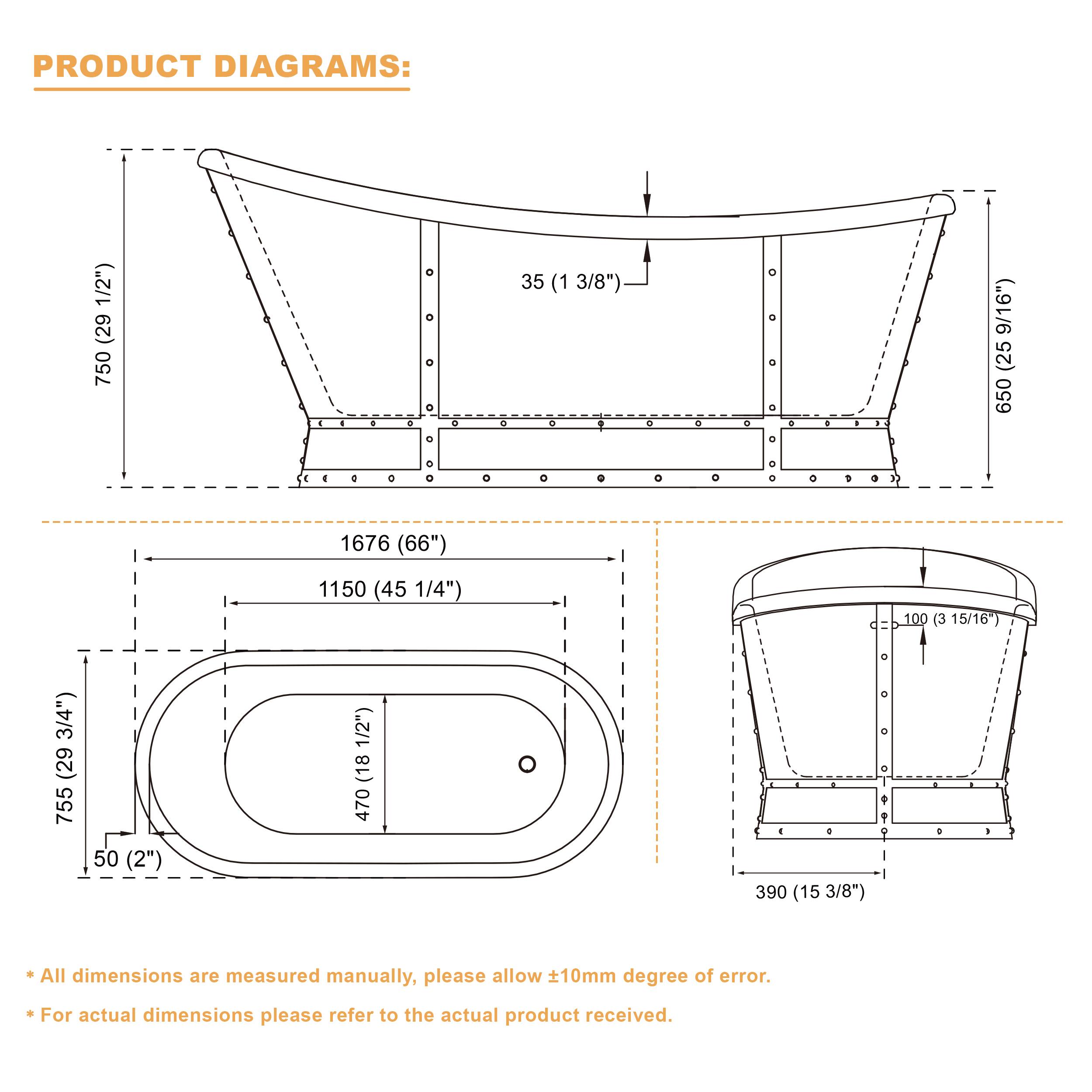 PRODUCT DIAGRAMS:

- 750 (29 1/2")
- 35 (1 3/8")
- 650 (25 9/16")
- 1676 (66")
- 1150 (45 1/4")
- 50 (2")
- 470 (18 1/2")
- 100 (3 15/16")
- 390 (15 3/8")

*All dimensions are measured manually, please allow ±10mm degree of error.
*For actual dimensions please refer to the actual product received.