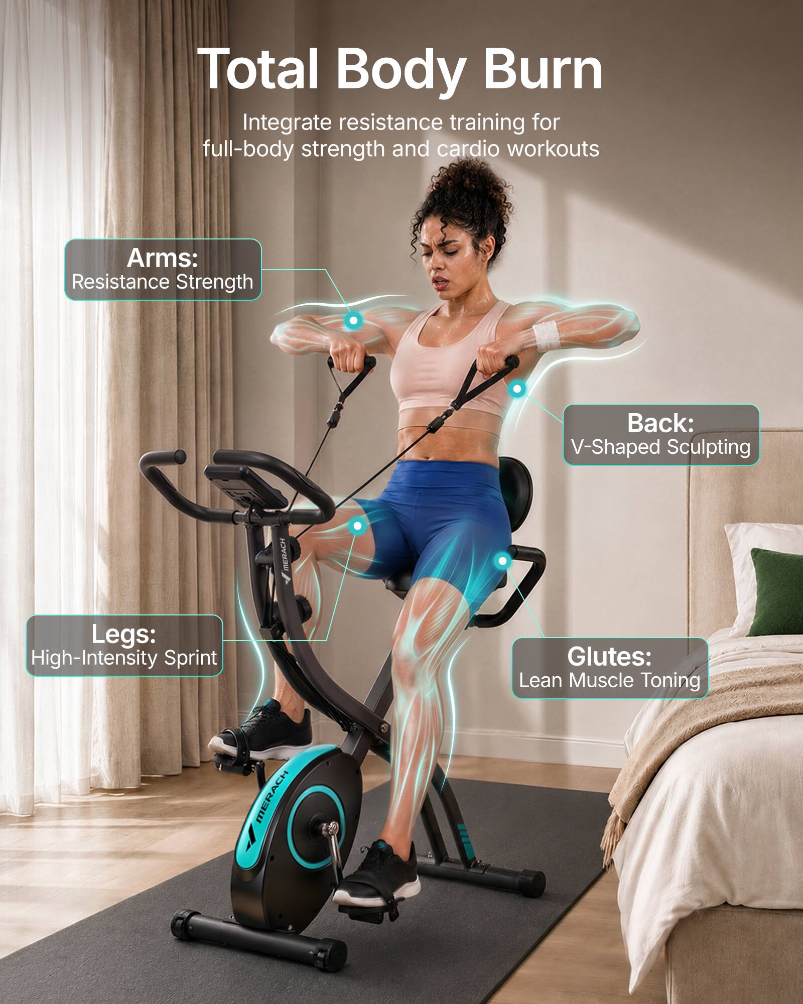 Total Body Burn  
Integrate resistance training for full-body strength and cardio workouts

Arms: Resistance Strength  
Back: V-Shaped Sculpting  
Legs: High-Intensity Sprint  
Glutes: Lean Muscle Toning