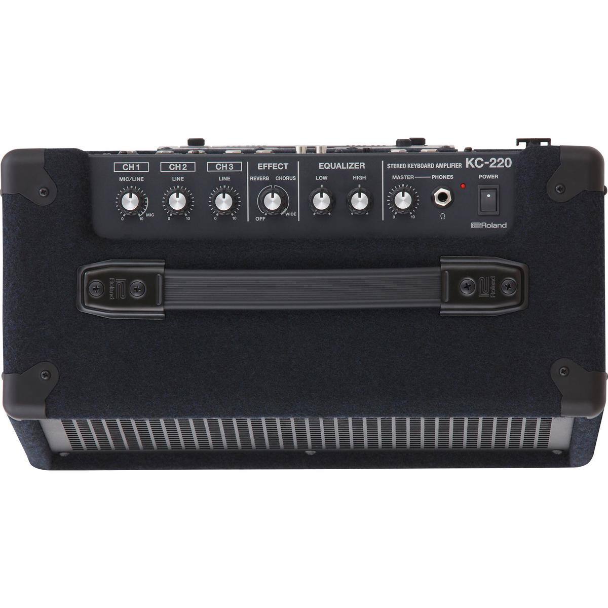 CH1 MIC/LINE  
CH2 LINE  
CH3 LINE  
EFFECT REVERB CHORUS  
EQUALIZER LOW HIGH  
STEREO KEYBOARD AMPLIFIER KC-220  
MASTER PHONES POWER  

Roland