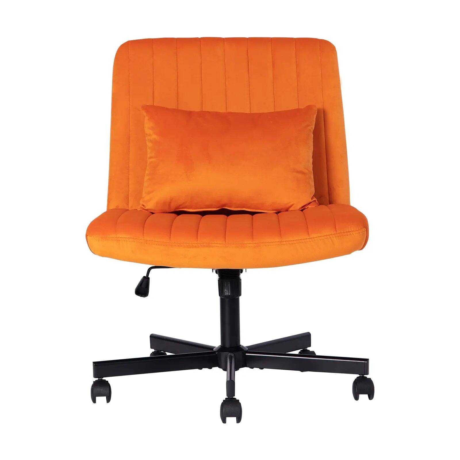 Front. PREMIUM - Orange Velvet Armless Office Chair With Wheels Criss Cross - Orange.