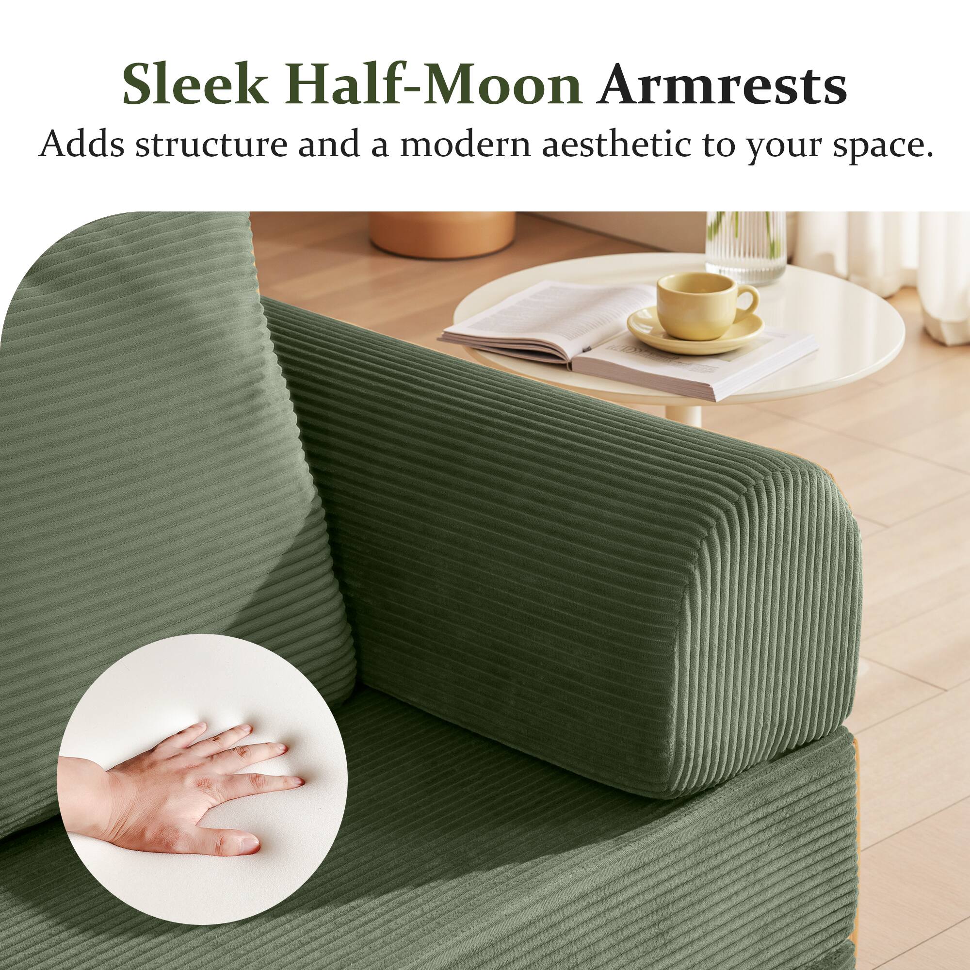Sleek Half-Moon Armrests  
Adds structure and a modern aesthetic to your space.