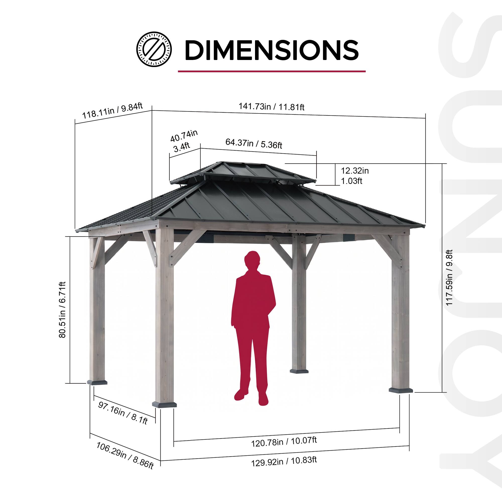 DIMENSIONS  
118.11in / 9.84ft  
141.73in / 11.81ft  
40.74in  
64.37in / 5.36ft  
3.4ft  
12.32in / 1.03ft  
80.51in / 6.71ft  
97.16in / 8.1ft  
120.78in / 10.07ft  
106.29in / 8.86ft  
129.92in / 10.83ft  
117.59in / 9.8ft  
SUNJOY