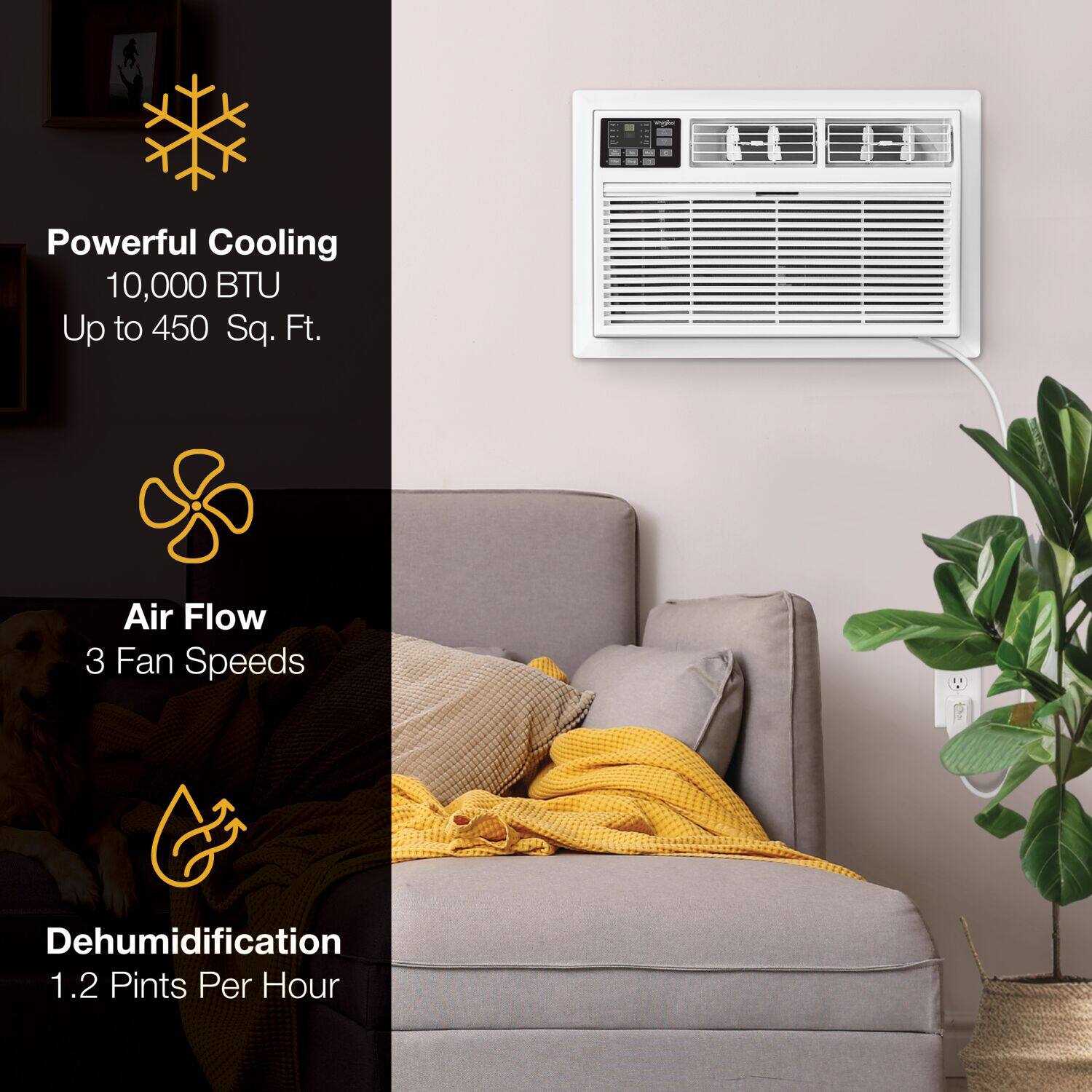 Powerful Cooling: 10,000 BTU Up to 450 Sq. Ft.
Air Flow: 3 Fan Speeds
Dehumidification: 1.2 Pints Per Hour