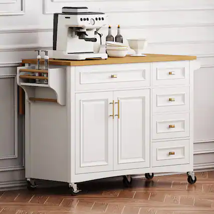 Front. Whisen - Rolling Kitchen Island with Drop Leaf,Spice Rack,5 Drawers and Storage Cabinets-White - White.