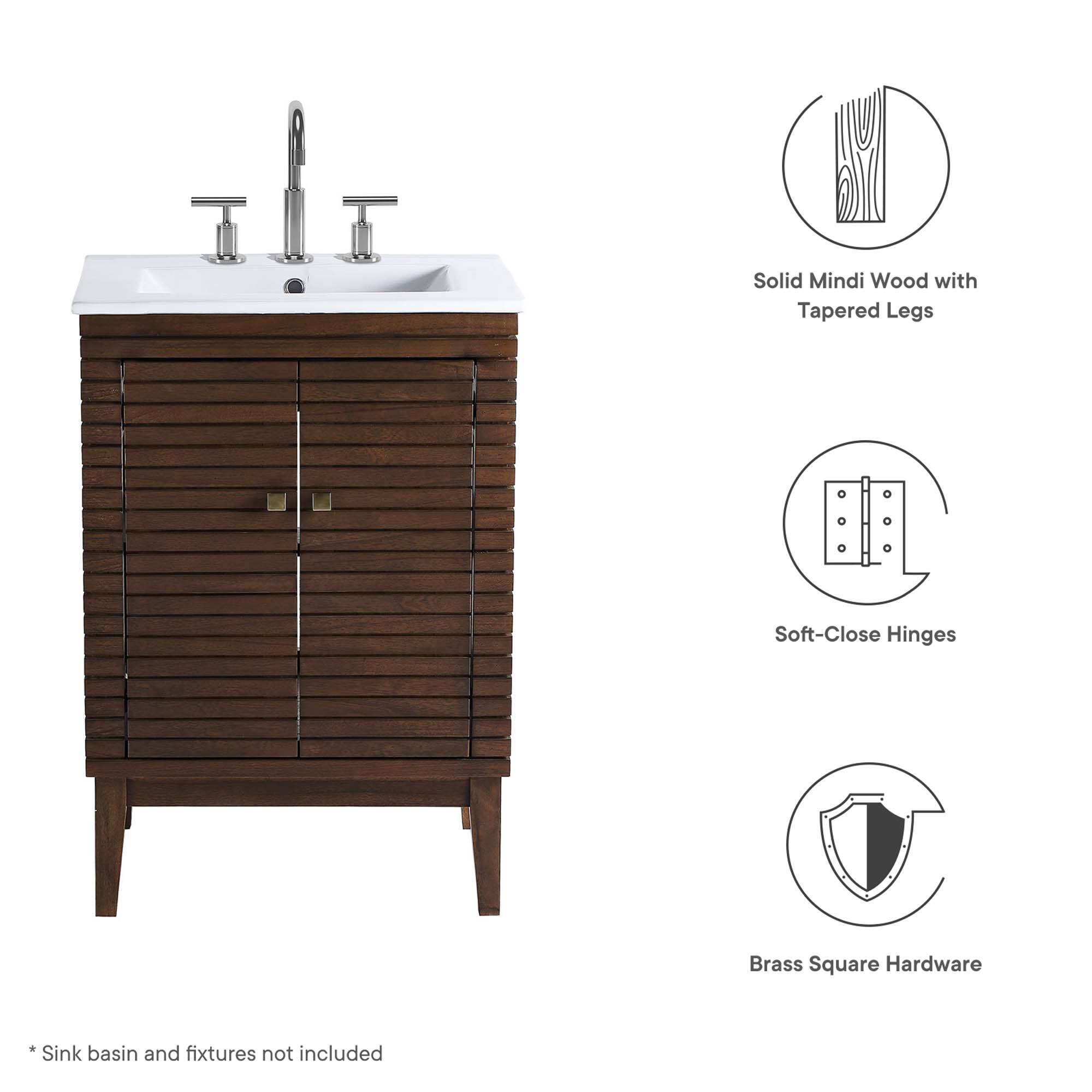 Solid Mindi Wood with Tapered Legs  
Soft-Close Hinges  
Brass Square Hardware  

*Sink basin and fixtures not included