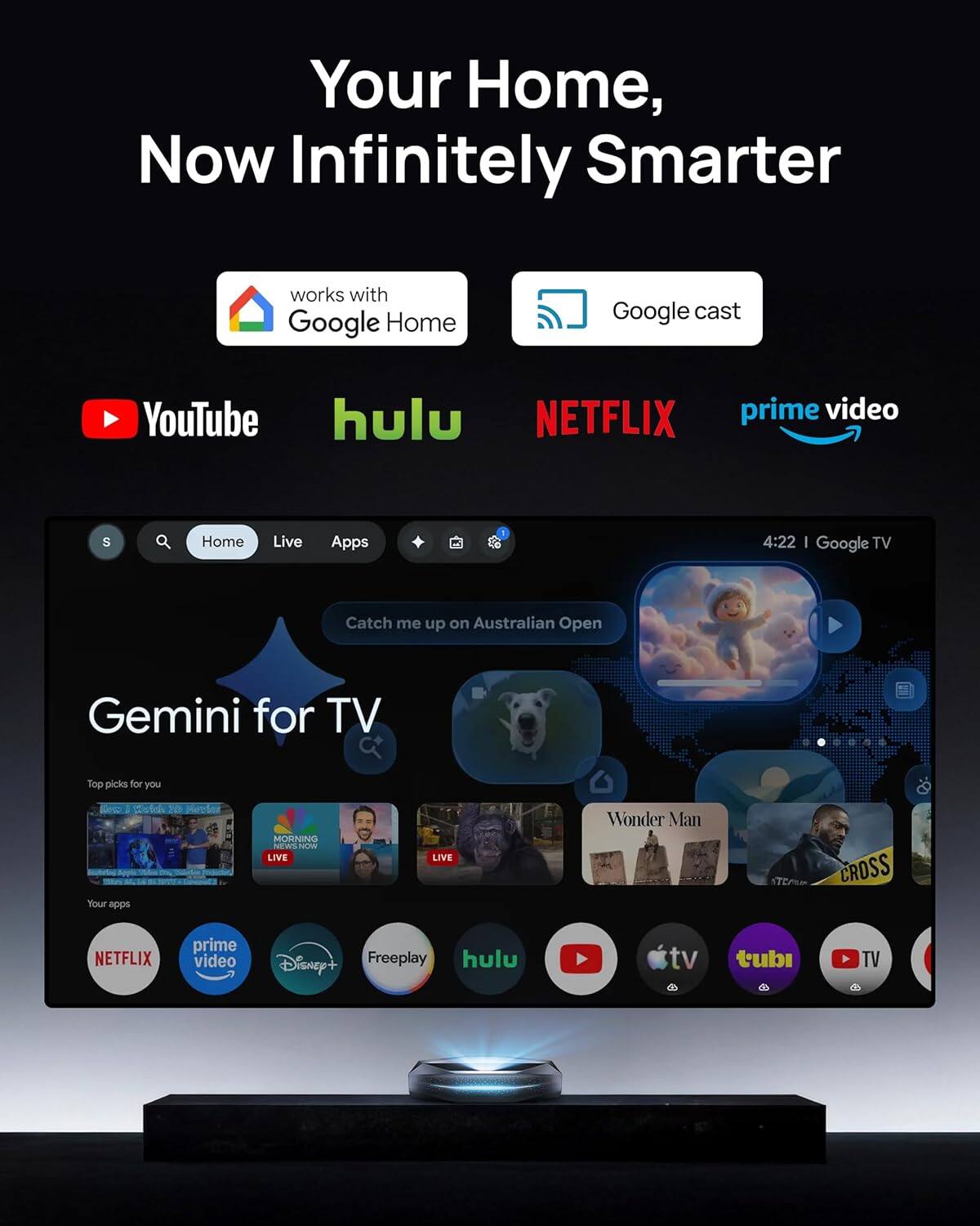 Your Home, Now Infinitely Smarter

works with Google Home  
Google cast

YouTube  
hulu  
NETFLIX  
prime video

4:22 | Google TV

Catch me up on Australian Open

Gemini for TV

Top picks for you

Your apps

NETFLIX  
prime video  
Disney+  
Freeplay  
hulu  
YouTube  
Apple TV  
tubi  
TV