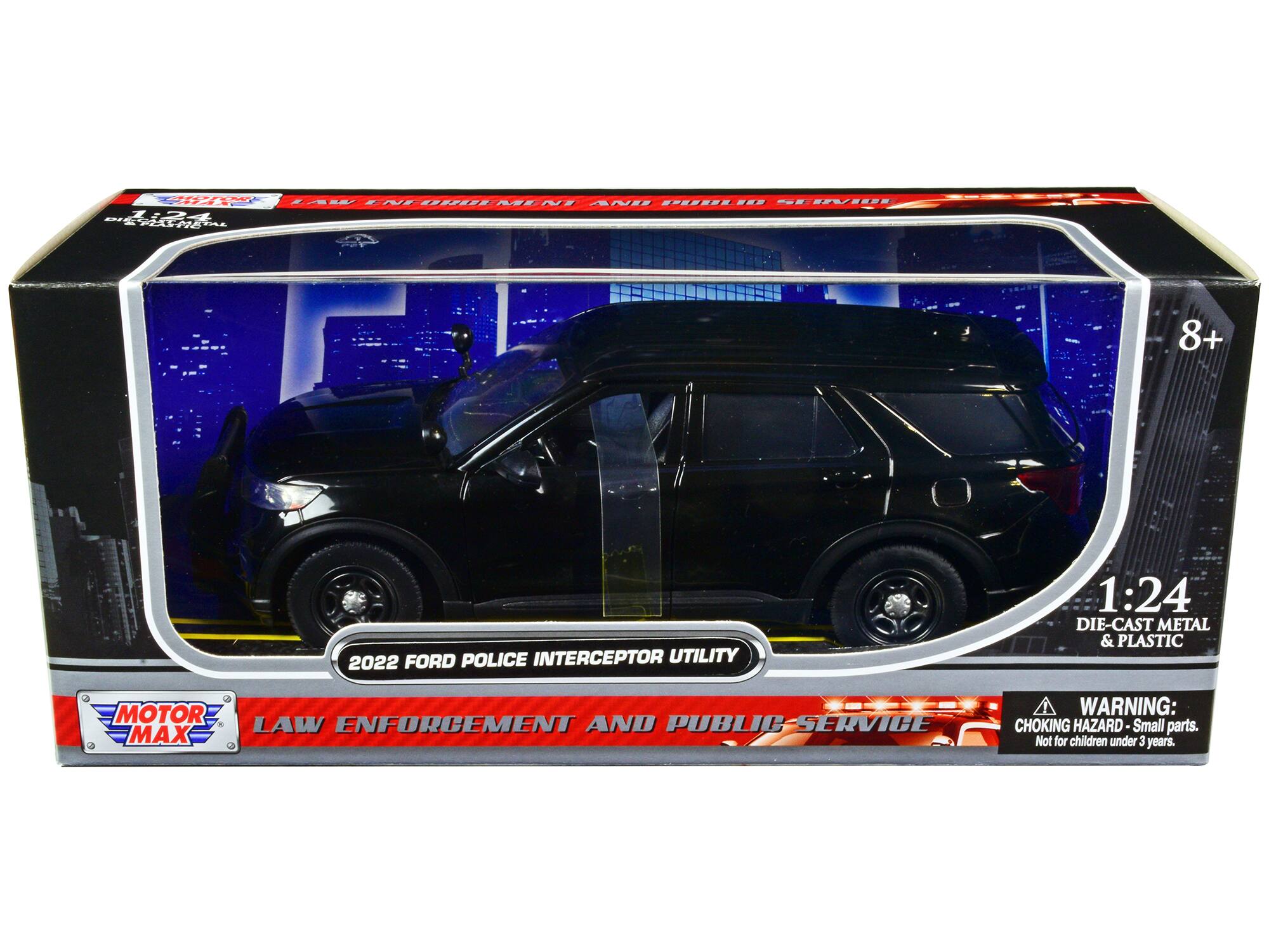 C AM - ~ SSSPESS ASENI ANE BUESSELIES --- SS I 24 IA 8+ 2022 FORD POLICE INTERCEPTOR UTILITY 1:24 DIE-CAST METAL & PLASTIC MOTOR WARNING: LAW ENFORCEMENT AND PUBLIC-SERVICE CHOKING HAZARD-S Small parts. MAX Not for children under 3 years.