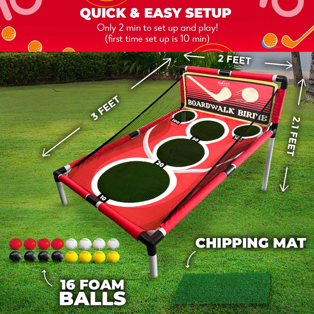 QUICK & EASY SETUP  
Only 2 min to set up and play!  
(first time set up is 10 min)  

2 FEET  
3 FEET  
2.1 FEET  

BOARDWALK BIRIE  

16 FOAM BALLS  

CHIPPING MAT