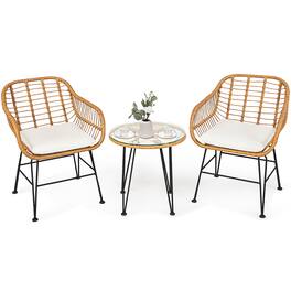 Costway - 3PCS Patio Rattan Bistro Furniture Set Cushioned Chair Table - White