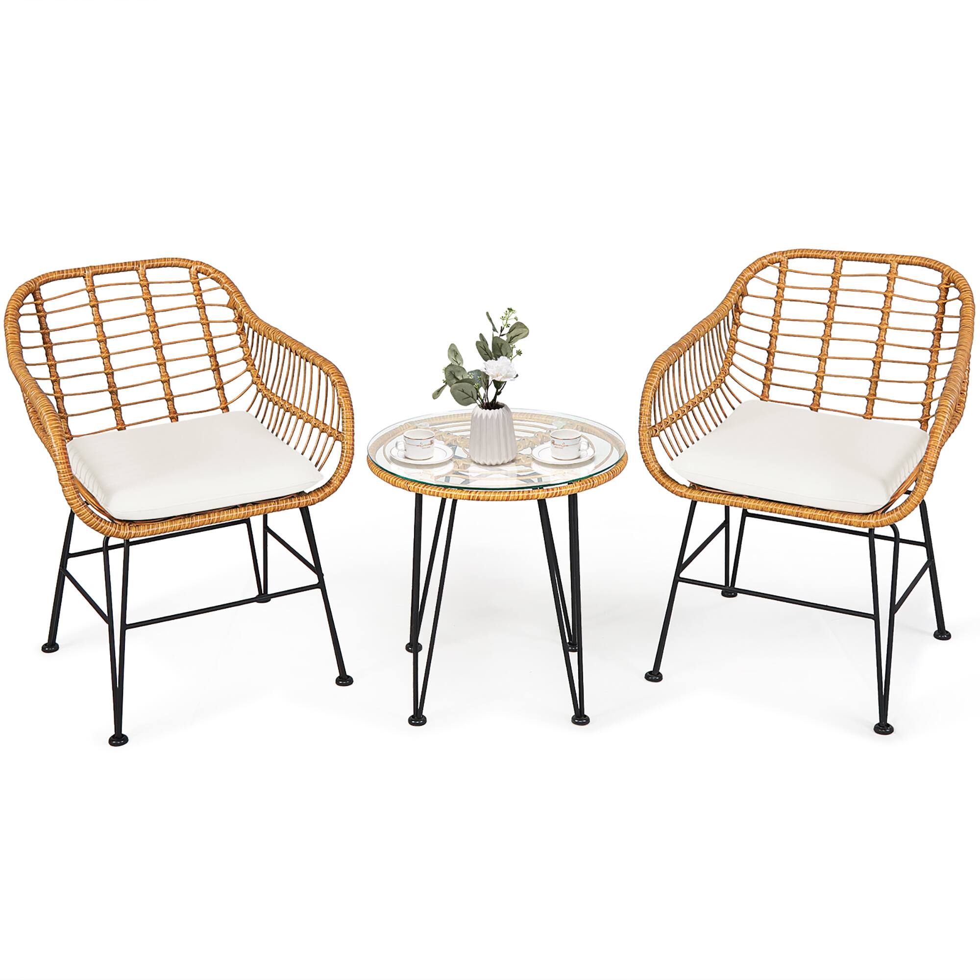 Costway - 3PCS Patio Rattan Bistro Furniture Set Cushioned Chair Table - White