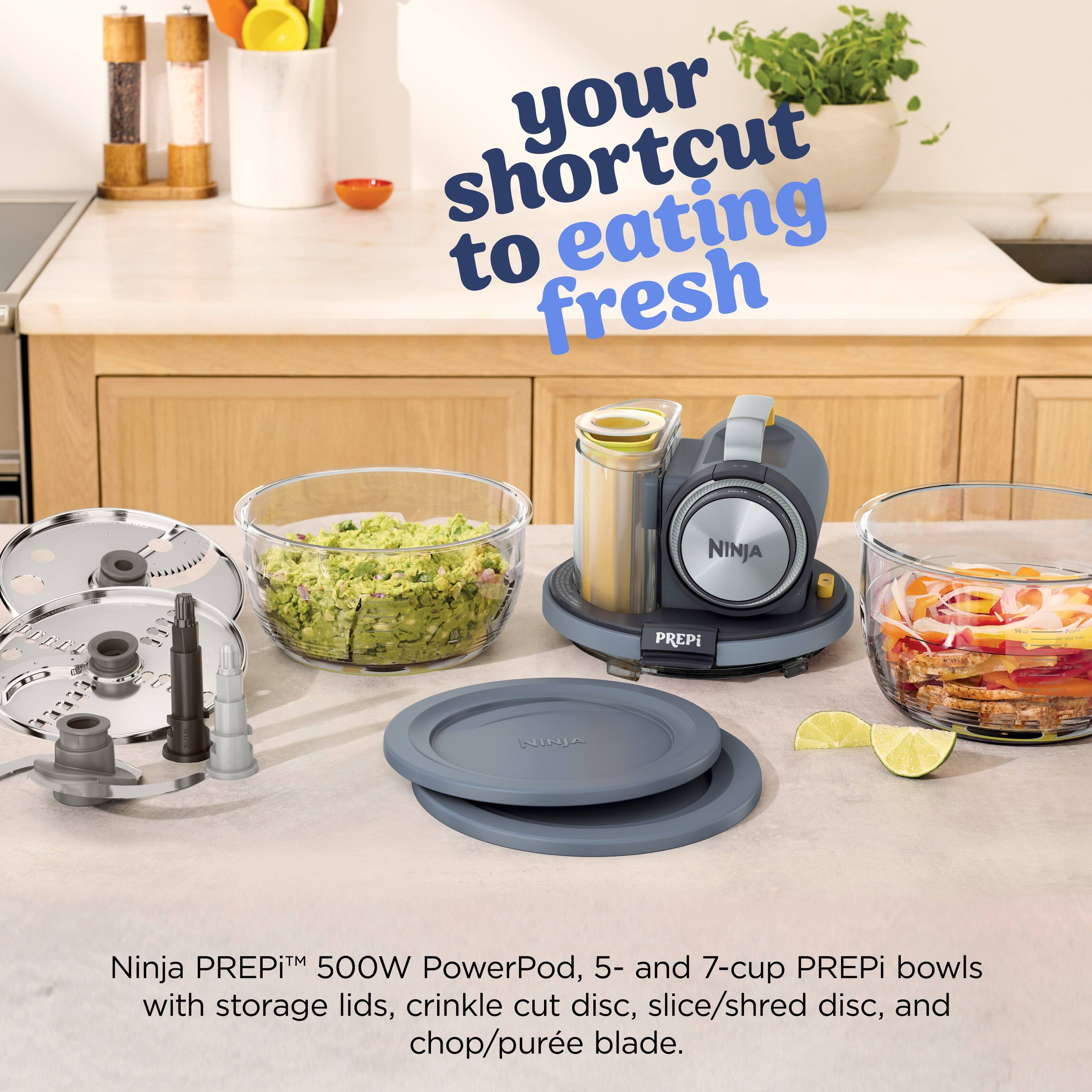 your shortcut to eating fresh

NINJA
PREPi

Ninja PREPi 500W PowerPod, 5- and 7-cup PREPi bowls with storage lids, crinkle cut disc, slice/shred disc, and chop/purée blade.