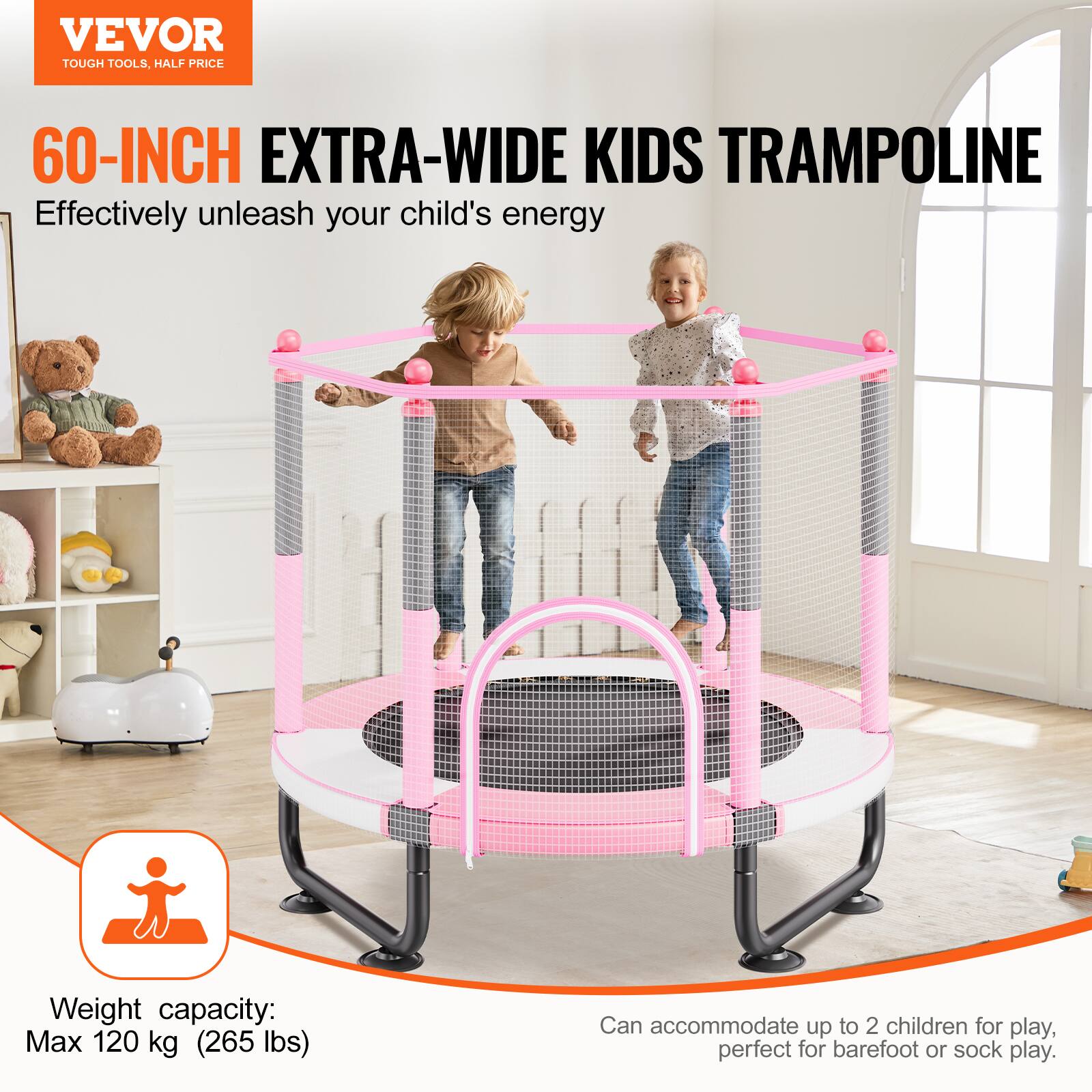 **VEVOR TOUGH TOOLS, HALF PRICE**

**60-INCH EXTRA-WIDE KIDS TRAMPOLINE**

Effectively unleash your child's energy

Weight capacity: Max 120 kg (265 lbs)

Can accommodate up to 2 children for play, perfect for barefoot or sock play.