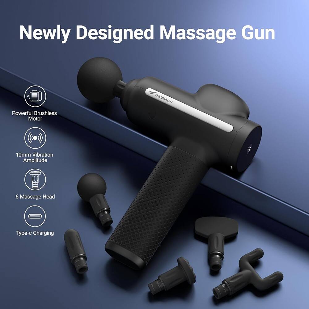 Newly Designed Massage Gun

- Powerful Brushless Motor
- 10mm Vibration Amplitude
- 6 Massage Head
- Type-c Charging