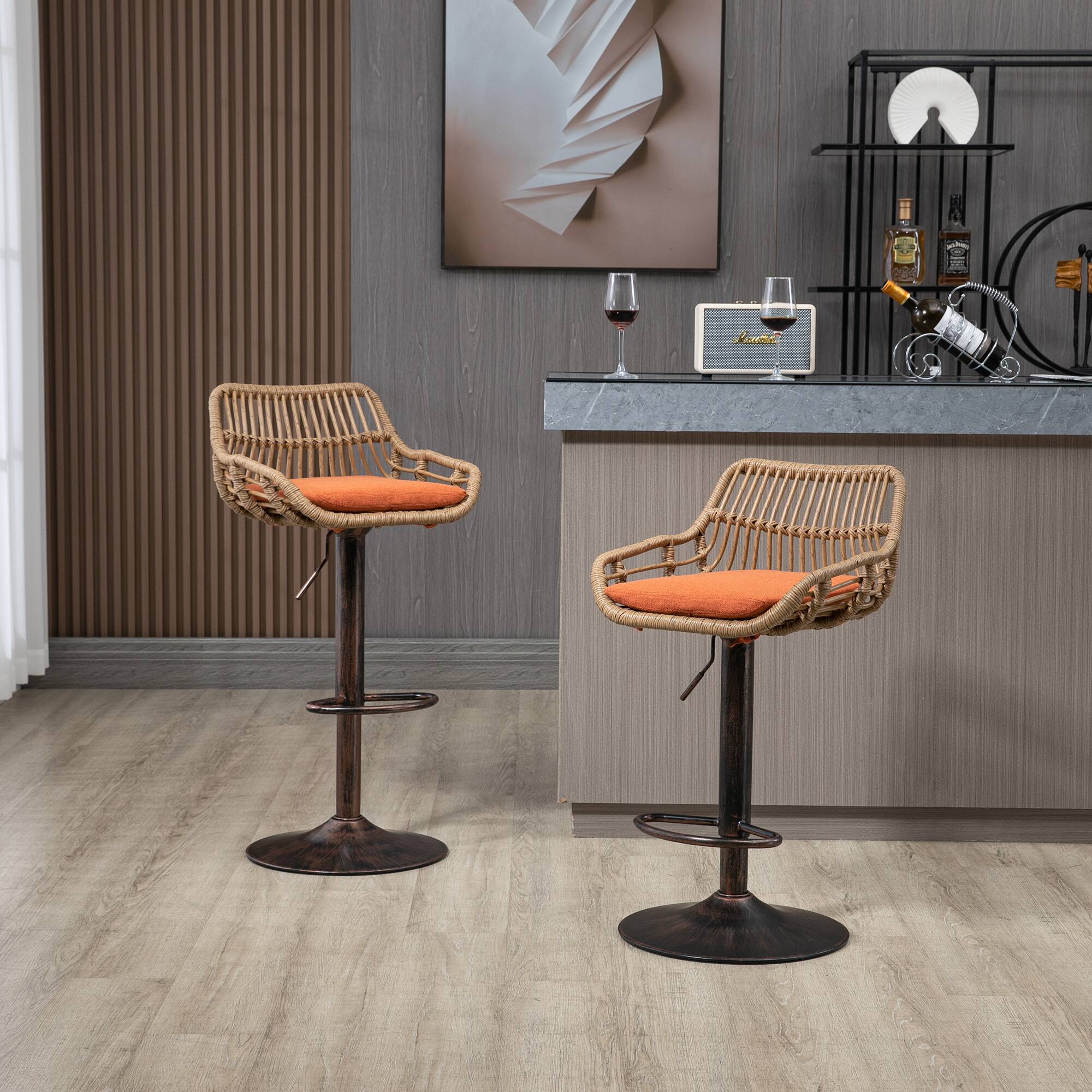 Trinkets Crazed - Rattan Bar Stools Set of 2, Adjustable Barstools with Linen Cushion, 360° Swivel Bar Stool for Kitchen and Bar - Orange