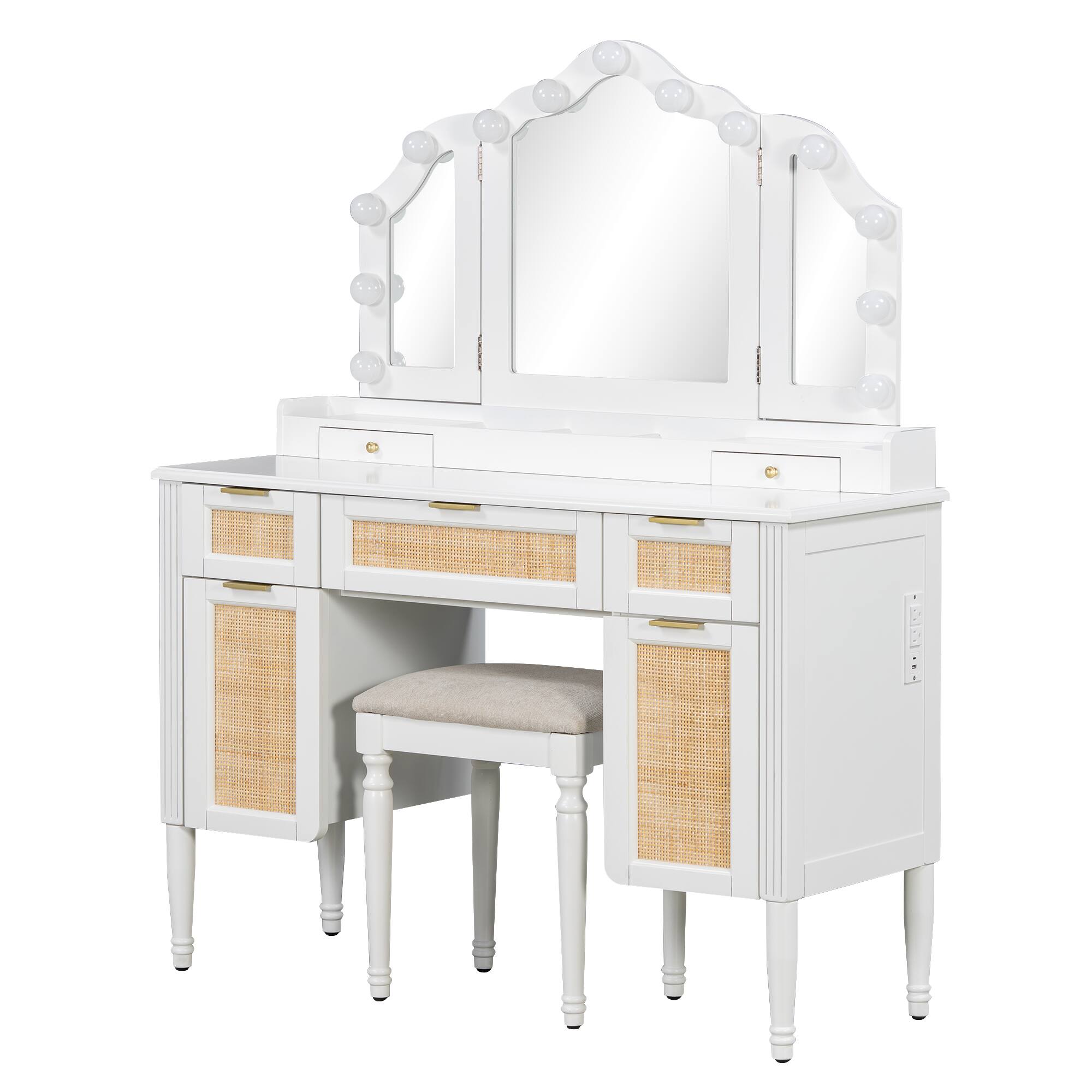 Alt View 1. Whisen - Dresser Makeup Vanity Table with Tri-Fold Mirror,13 Hollywood LED Lights,5 Drawers and Charging Station - White.