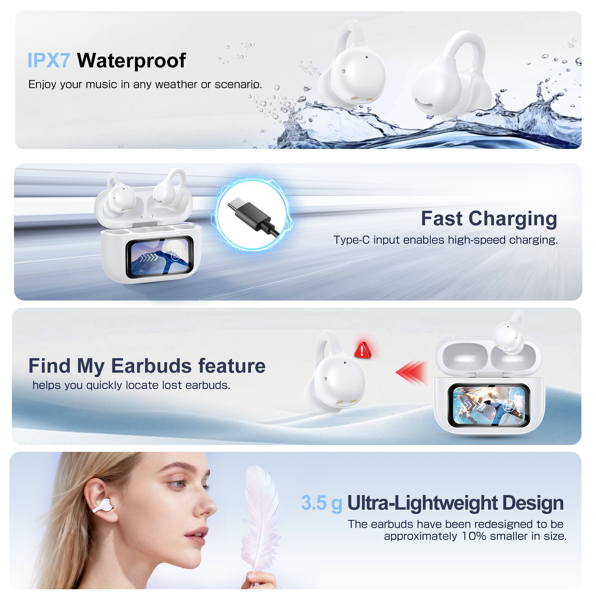 IPX7 Waterproof  
Enjoy your music in any weather or scenario.  

Fast Charging  
Type-C input enables high-speed charging.  

Find My Earbuds feature  
helps you quickly locate lost earbuds.  

3.5 g Ultra-Lightweight Design  
The earbuds have been redesigned to be approximately 10% smaller in size.