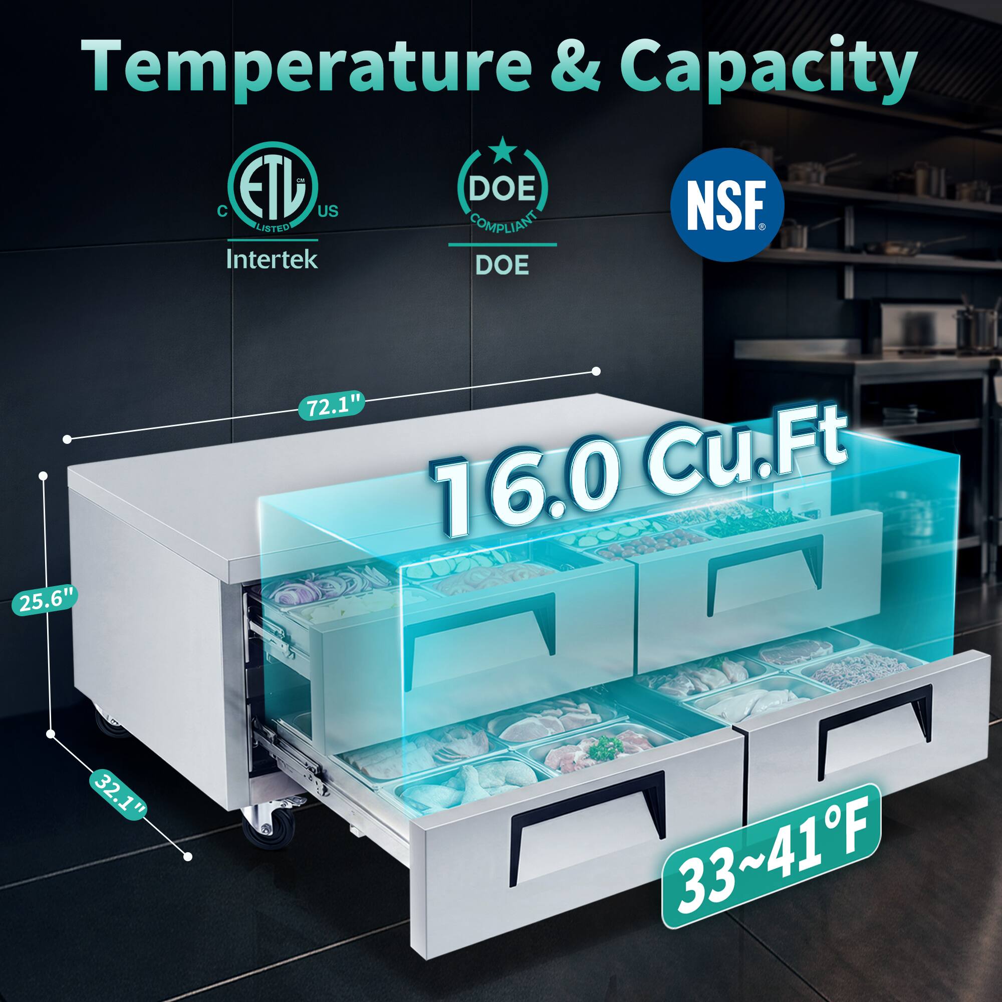 Temperature & Capacity - C ETL US DOE NSF. LISTED 2D COMPLIANT Intertek DOE 72.1" 16.0 Cu.Ft 25.6" 32.1" A 33~41°F