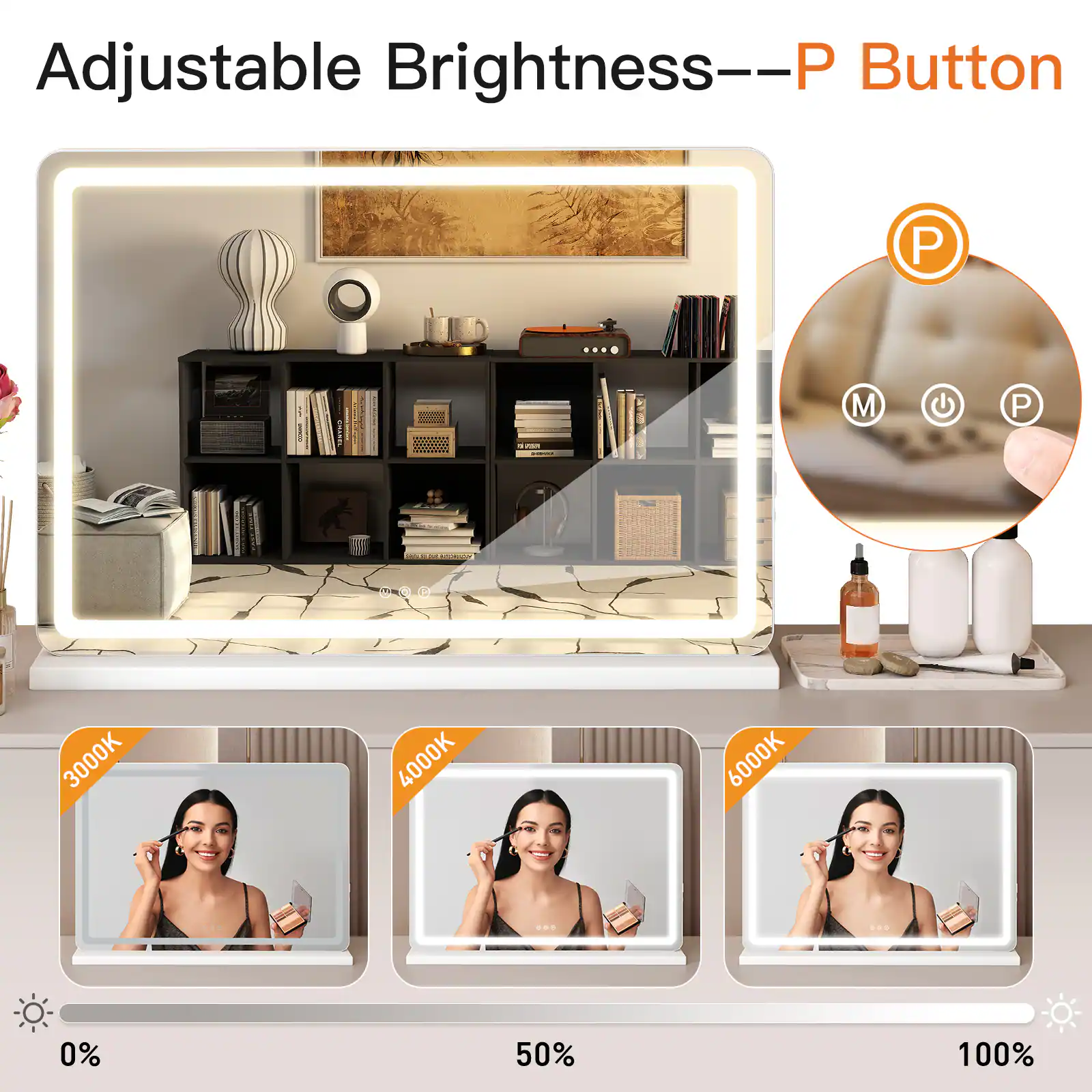 Adjustable Brightness--P Button

3000K 4000K 6000K

0% 50% 100%