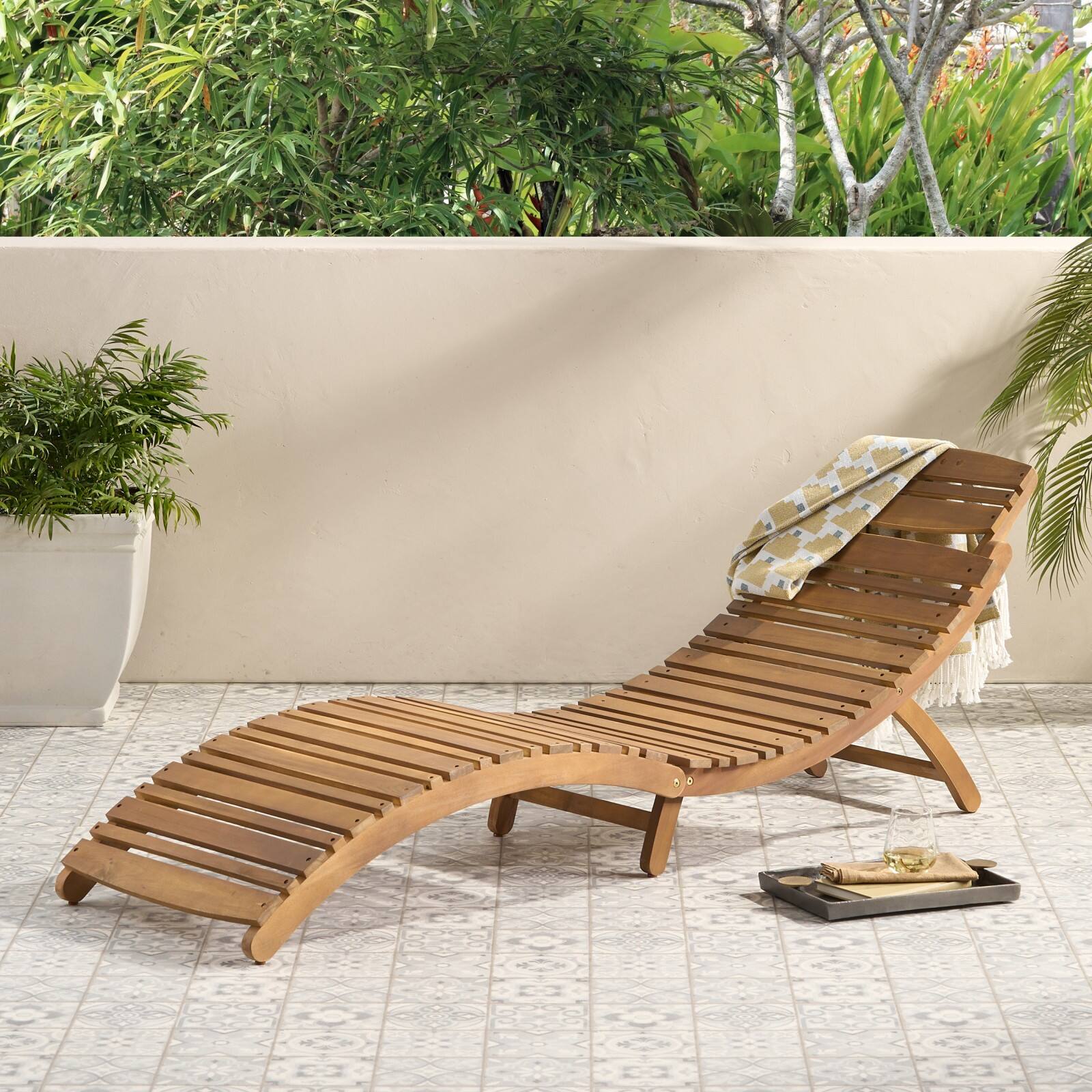 Alt View 1. Ecooso - Foldable Acacia Wood Outdoor Chaise Lounge with Slatted Design, Built-In Handle, and Weather-Resistant Construction - Brown.
