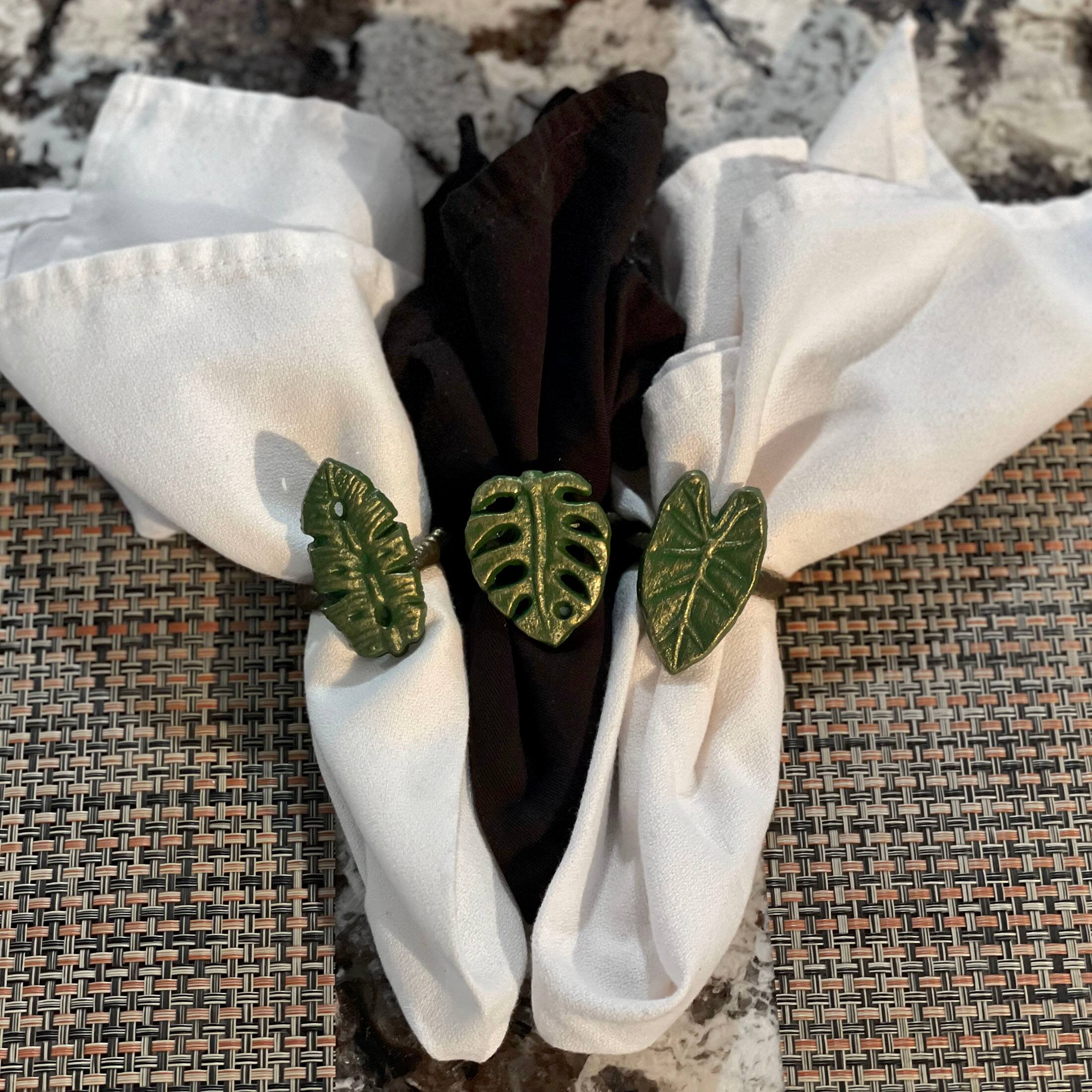 Alt View 3. Zeckos - Set of 6 Green Bronze Cast Iron Tropical Leaf Napkin Rings Dining Decor - Green.