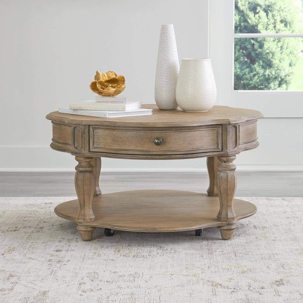 Left. Liberty Furniture Industries - Magnolia Manor Round Cocktail Table in Weathered Bisque - Brown.