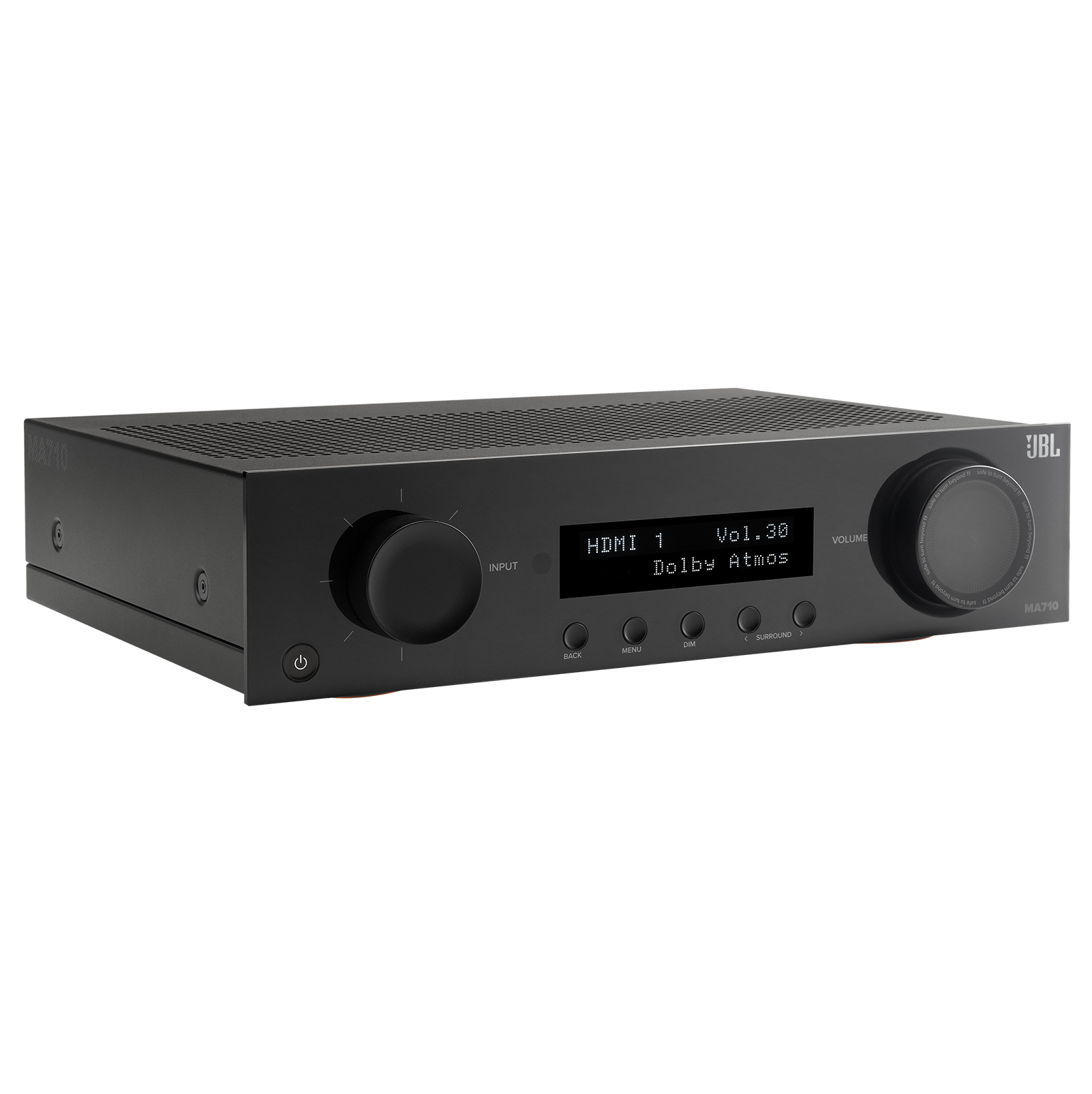 The text on the image reads: "A70 INPUT HDMI 1 Vol.30 Dolby Atmos SURROUND."