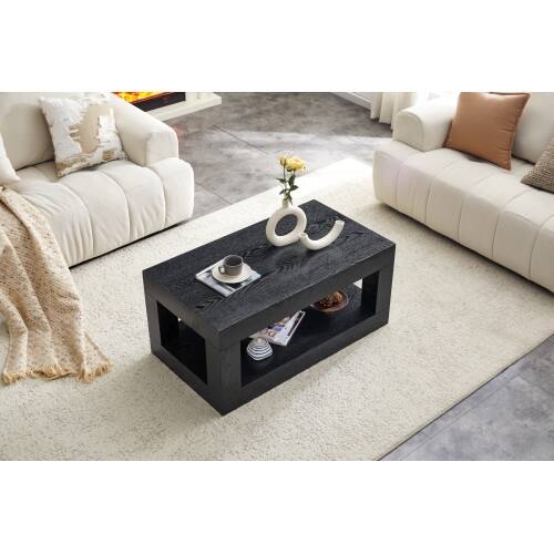 Left. Loheer - Loheer- Modern 2-Tier Coffee Table Open Storage 3.29x1.8x1.5 ft Rectangular Center Table for Living Room - Black Woodgrain.