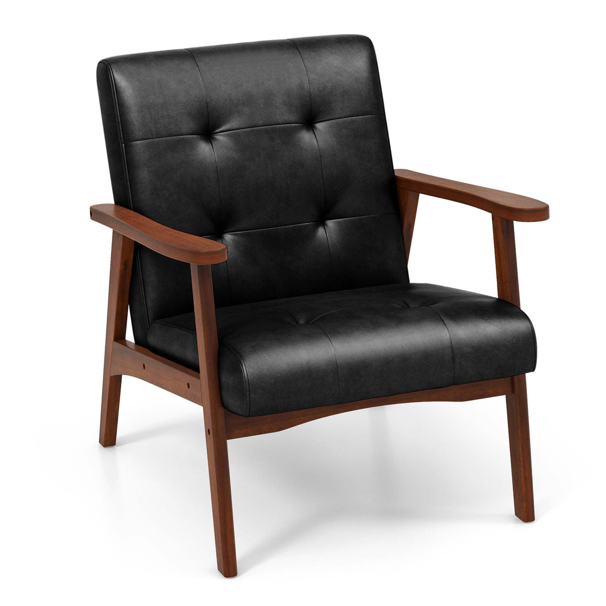 Costway - Mid Century Accent Chair Tufted Reading Armchair Solid Rubber Wood - Black