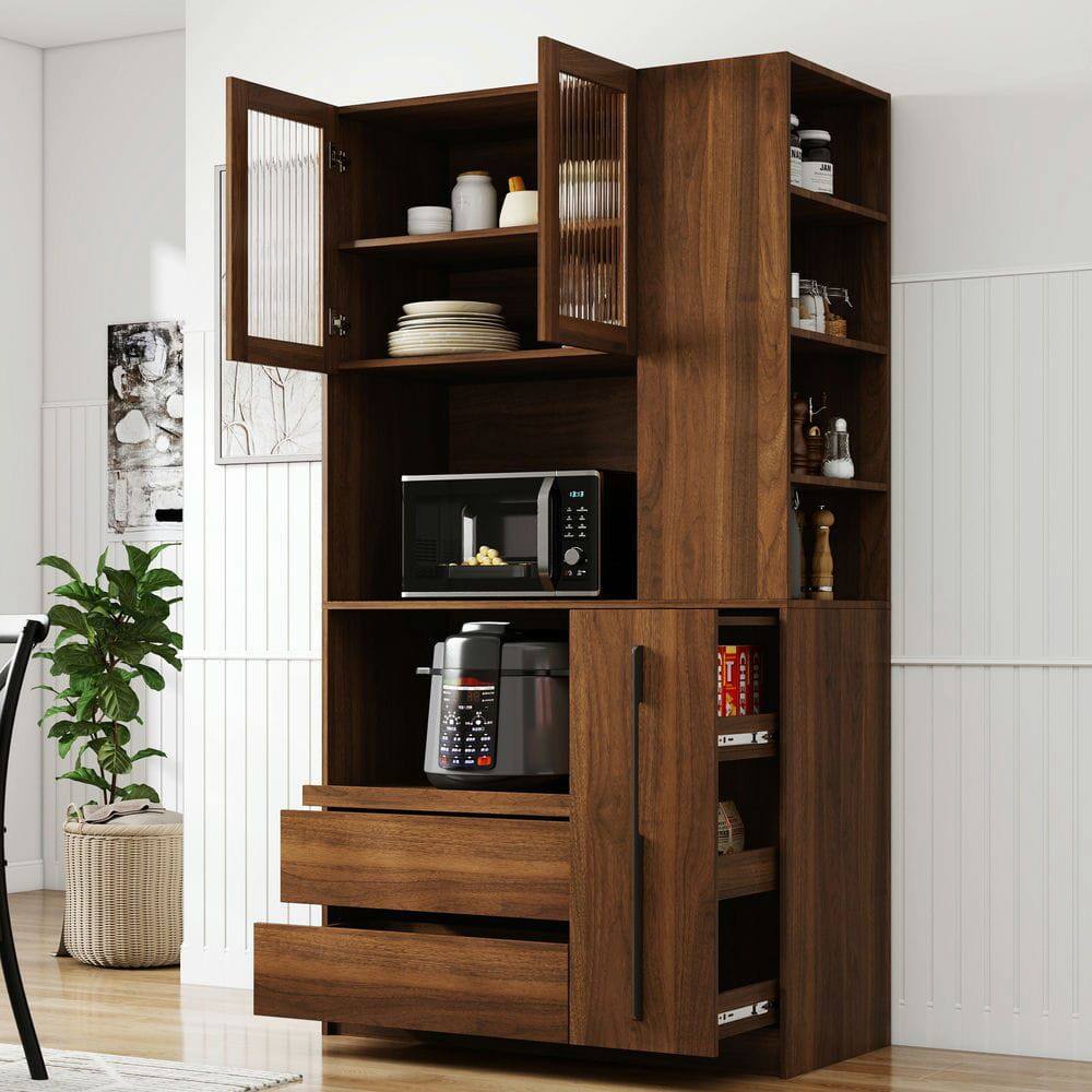 Alt View 6. Kadyn - 71-Inch Tall Freestanding Kitchen Pantry with Pull-Out Shelf - Walnut - Brown.