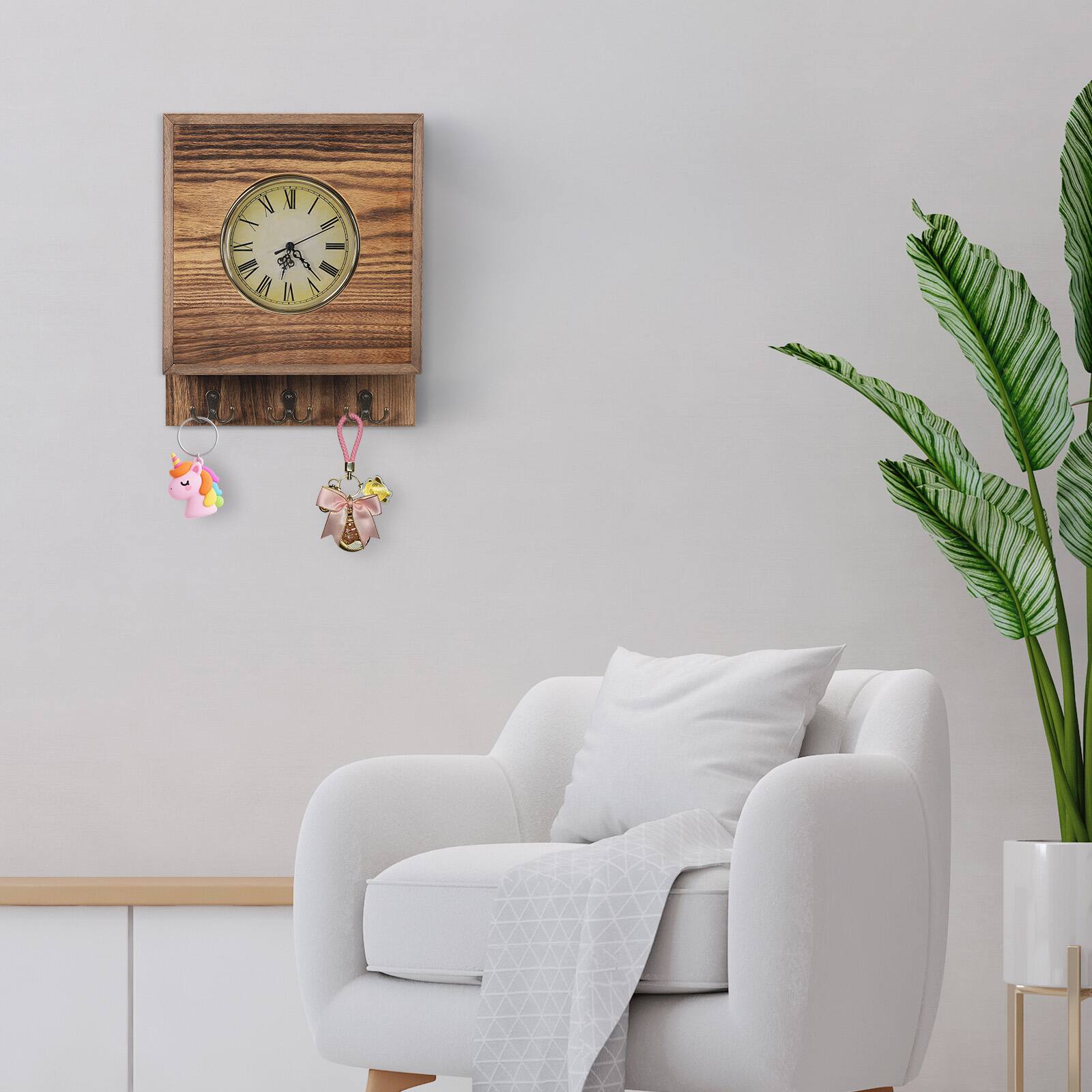 Front. Oumilen - Retro Wooden Wall Clock with Hidden Sliding Storage Cabinet & 3 Metal Hooks, Rustic Brown for Entryway Hallway - Light Brown.