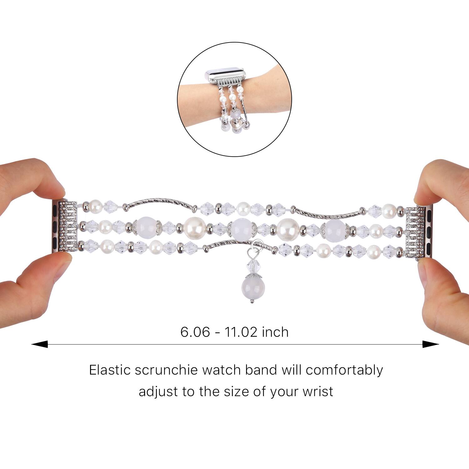 6.06 - 11.02 inch

Elastic scrunchie watch band will comfortably adjust to the size of your wrist