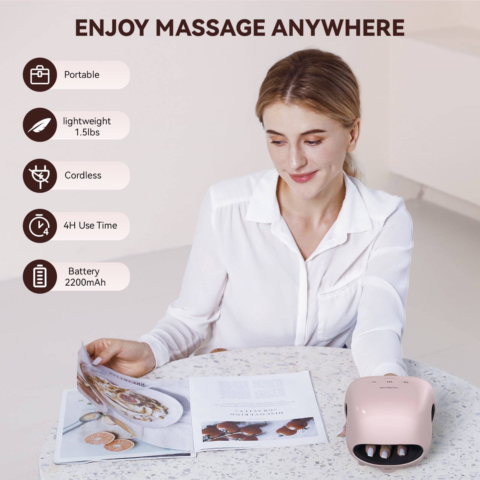 ENJOY MASSAGE ANYWHERE

- Portable
- Lightweight 1.5lbs
- Cordless
- 4H Use Time
- Battery 2200mAh