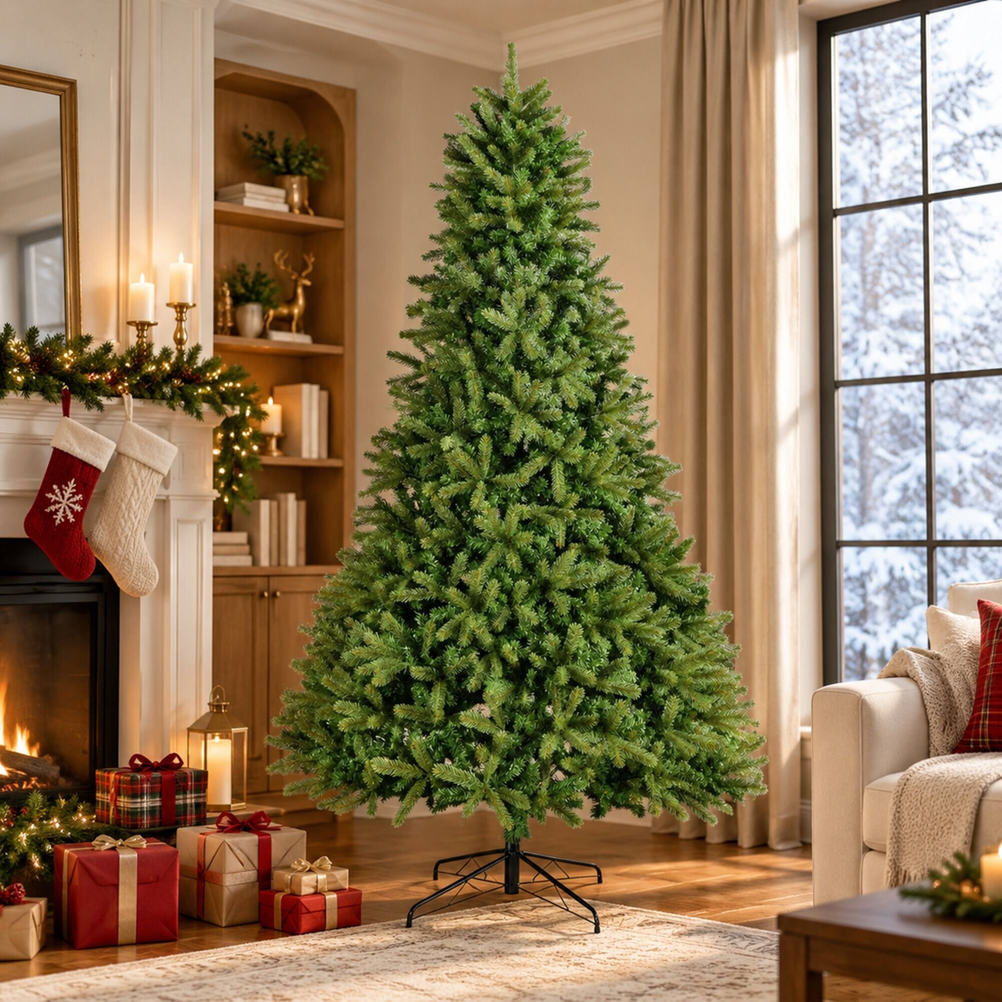 Left. RYHNUYNE - 9FT Unlit Artificial Christmas Tree With 2576 Mixed PE and PVC Tips, Hinged Spruce Branches and Metal Stand - Green.