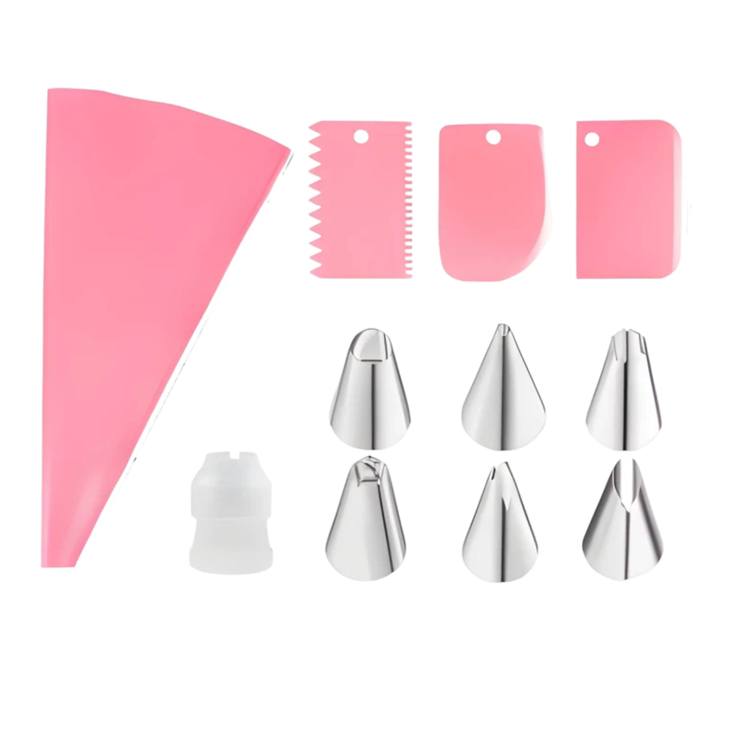 Front. Kitcheniva - Reusable Silicone Piping Bag with Accessories, 11 Pcs Set, Pink.