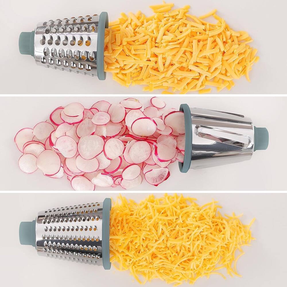 Alt View 1. PARKER SLATER - Rotary Cheese Grater with 3 Interchangeable Blades, Manual Vegetable Slicer, Nut Grinder, Non-Slip Suction Base - Clear.