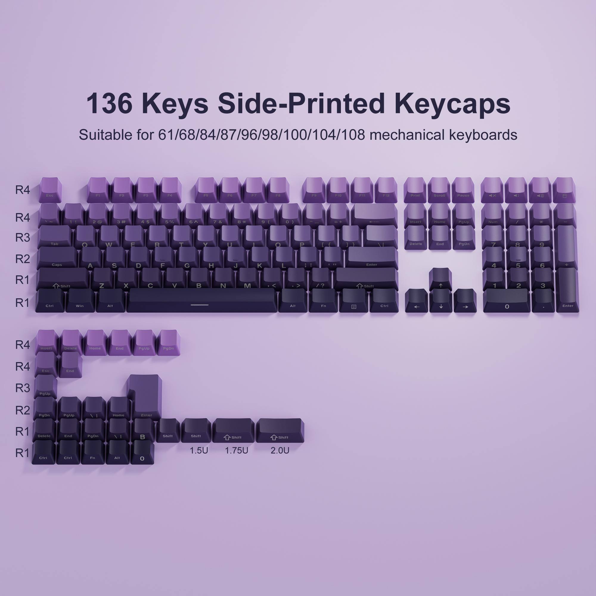 136 Keys Side-Printed Keycaps
Suitable for 61/68/84/87/96/98/100/104/108 mechanical keyboards
R4
R4
R3
R2
R1
R1
R4
R4
R3
R2
R1
R1
1.5U 1.75U 2.0U